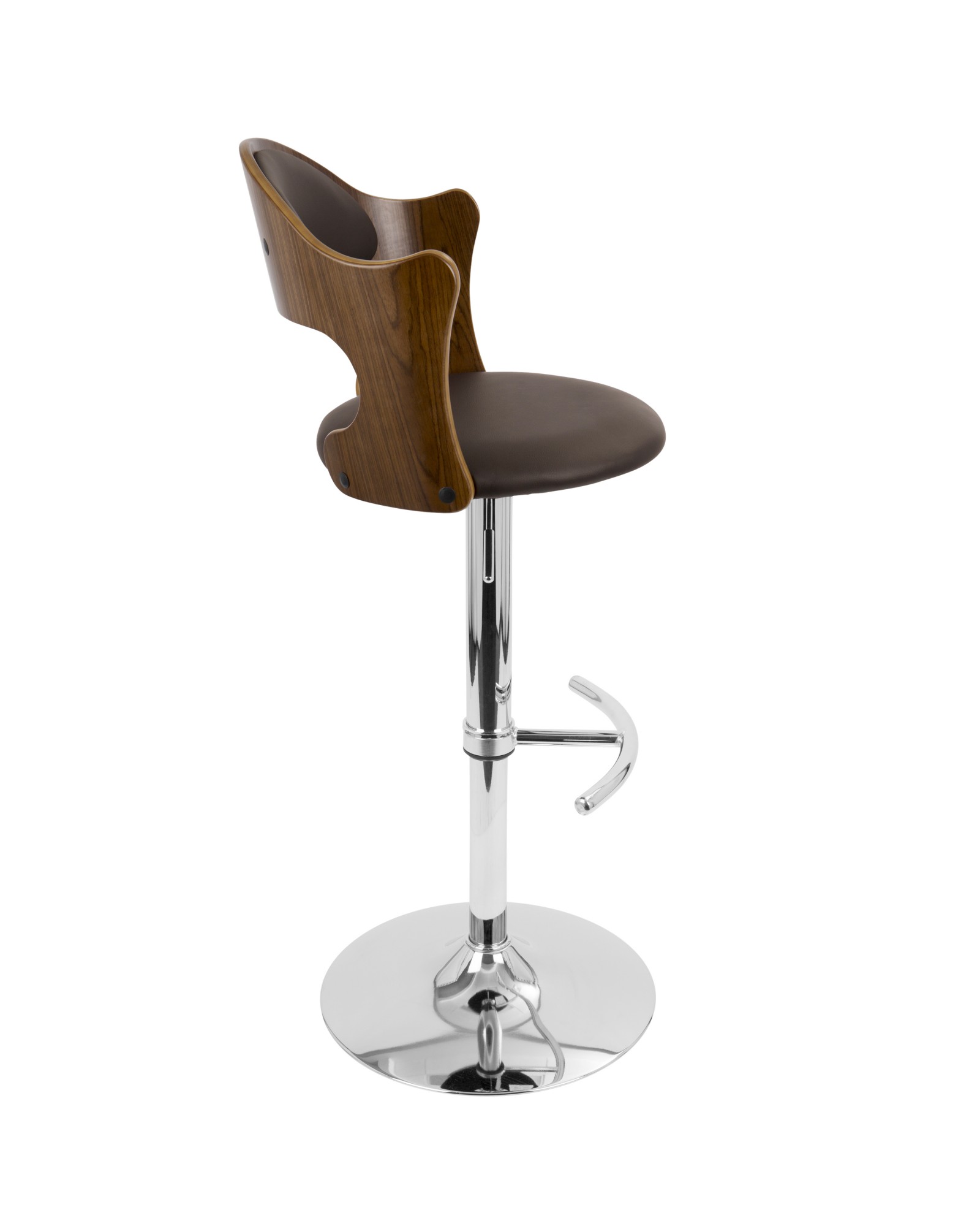 Cello Mid-Century Modern Adjustable Barstool with Swivel in Walnut and Brown Faux Leather