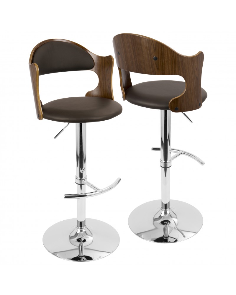 Cello Mid-Century Modern Adjustable Barstool with Swivel in Walnut and Brown Faux Leather