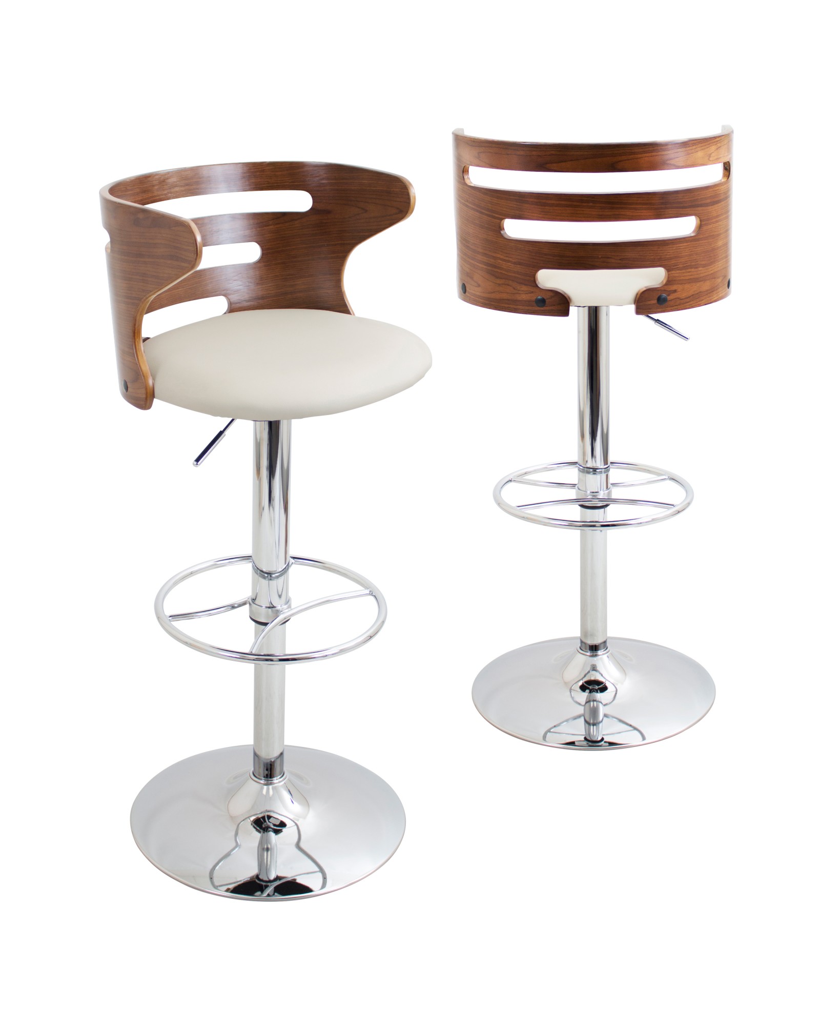 Cosi Mid-Century Modern Adjustable Barstool with Swivel in Walnut and Cream Faux Leather