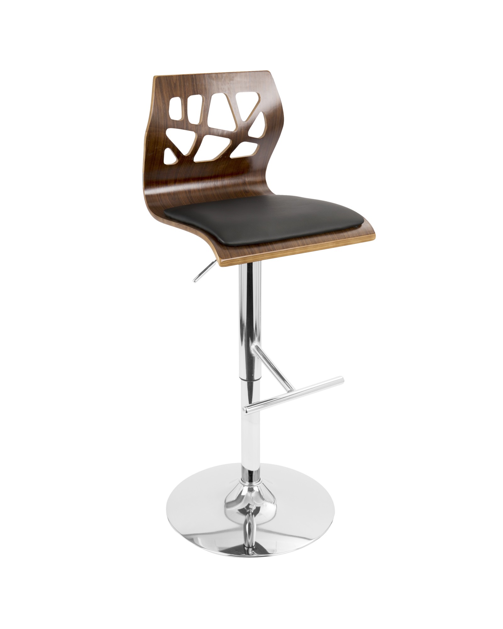 Folia Mid-Century Modern Adjustable Barstool with Swivel in Walnut and Black Faux Leather