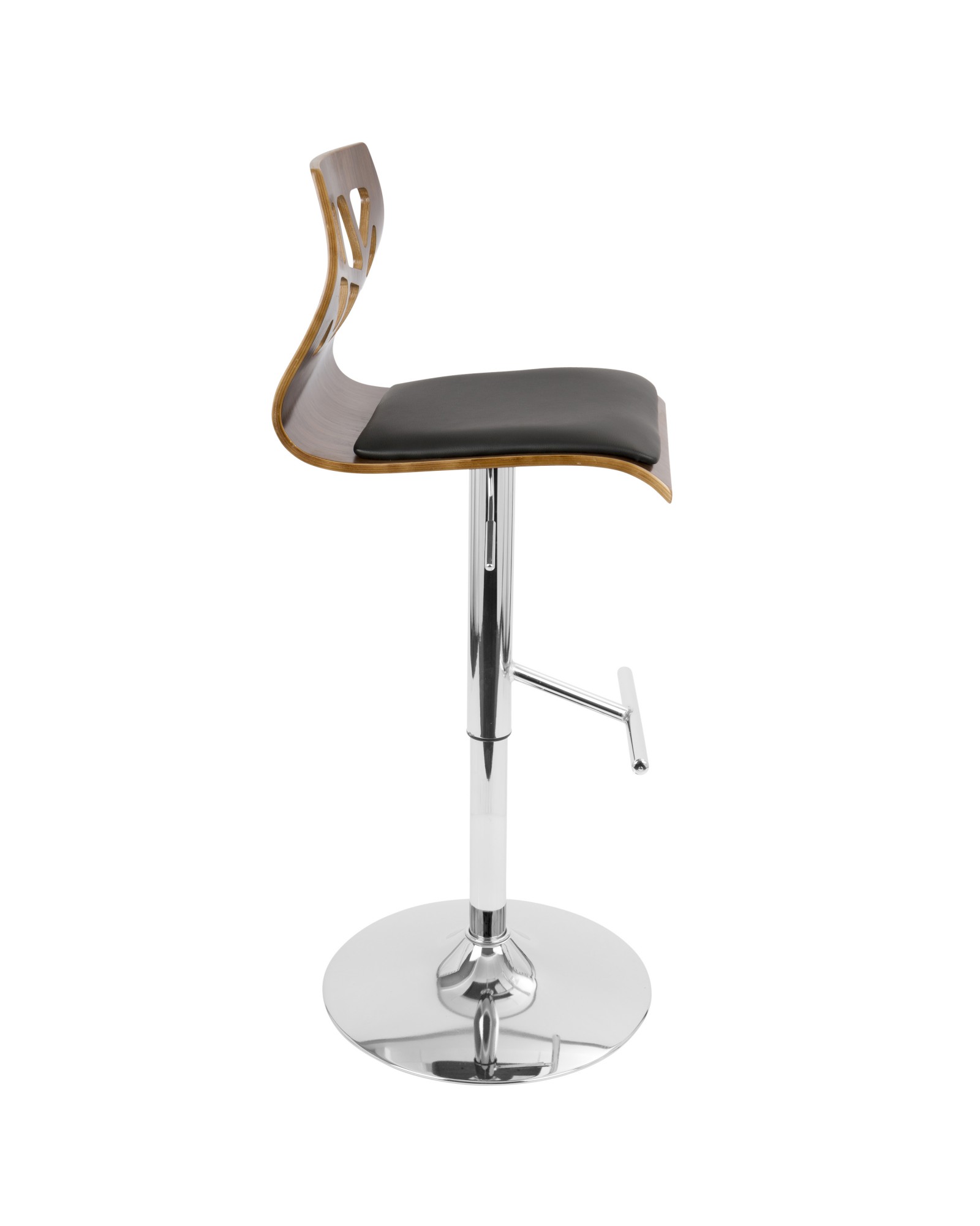 Folia Mid-Century Modern Adjustable Barstool with Swivel in Walnut and Black Faux Leather