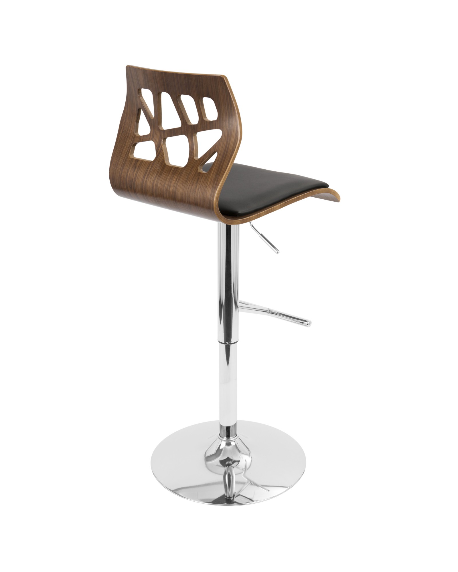 Folia Mid-Century Modern Adjustable Barstool with Swivel in Walnut and Black Faux Leather