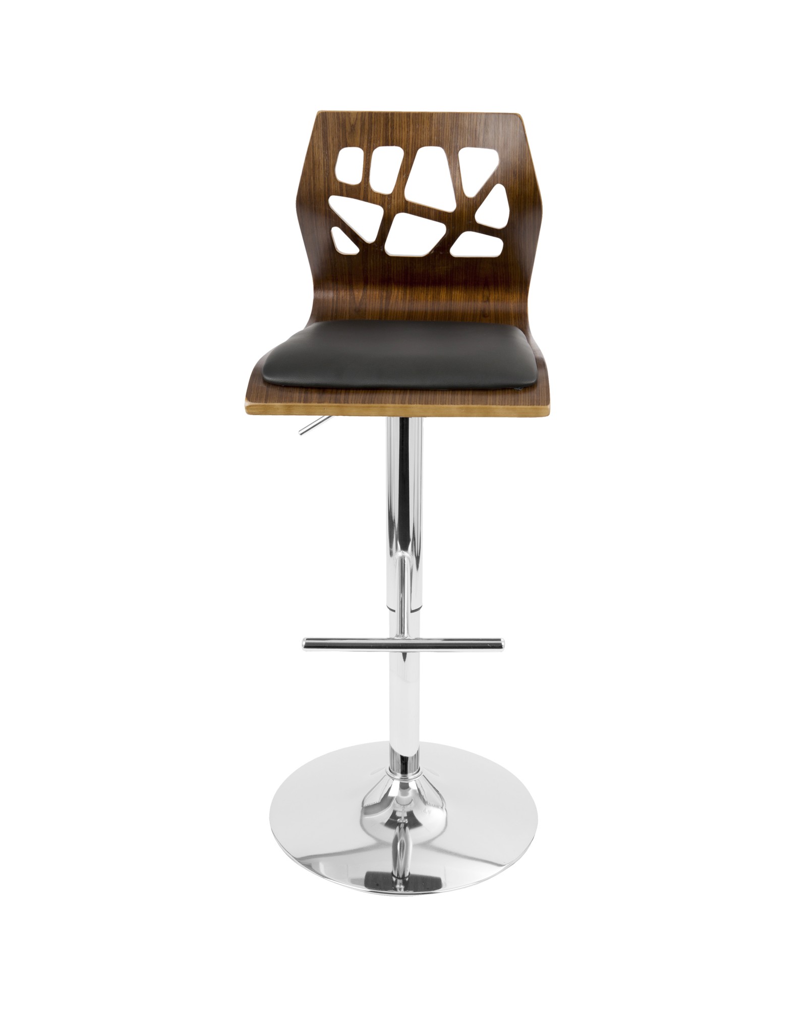 Folia Mid-Century Modern Adjustable Barstool with Swivel in Walnut and Black Faux Leather