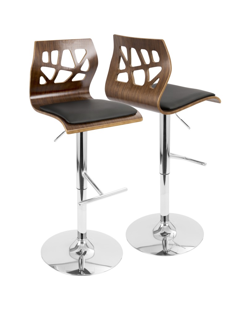 Folia Mid-Century Modern Adjustable Barstool with Swivel in Walnut and Black Faux Leather