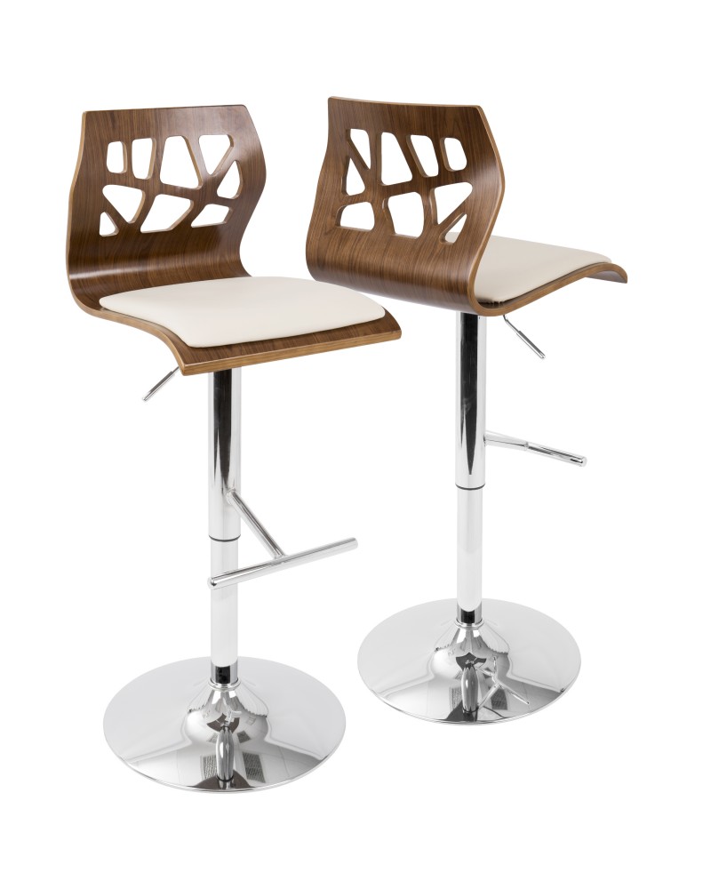 Folia Mid-Century Modern Adjustable Barstool with Swivel in Walnut And Cream Faux Leather