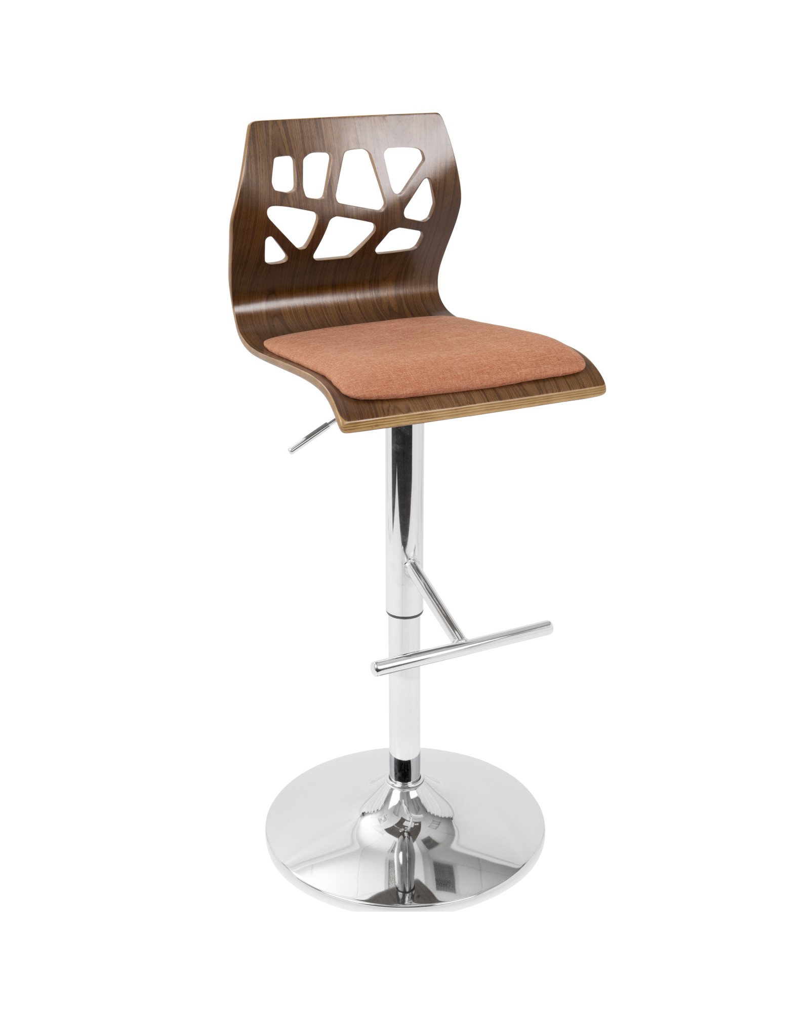 Folia Mid-Century Modern Adjustable Barstool with Swivel in Walnut And Orange Fabric