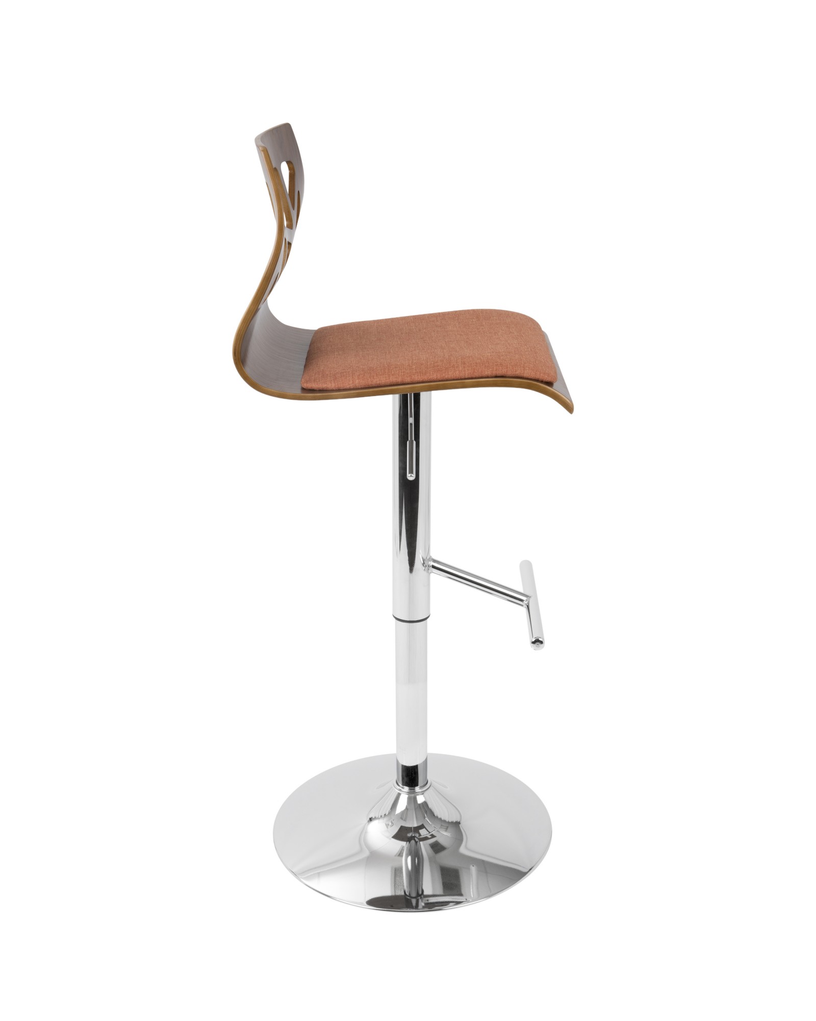 Folia Mid-Century Modern Adjustable Barstool with Swivel in Walnut And Orange Fabric
