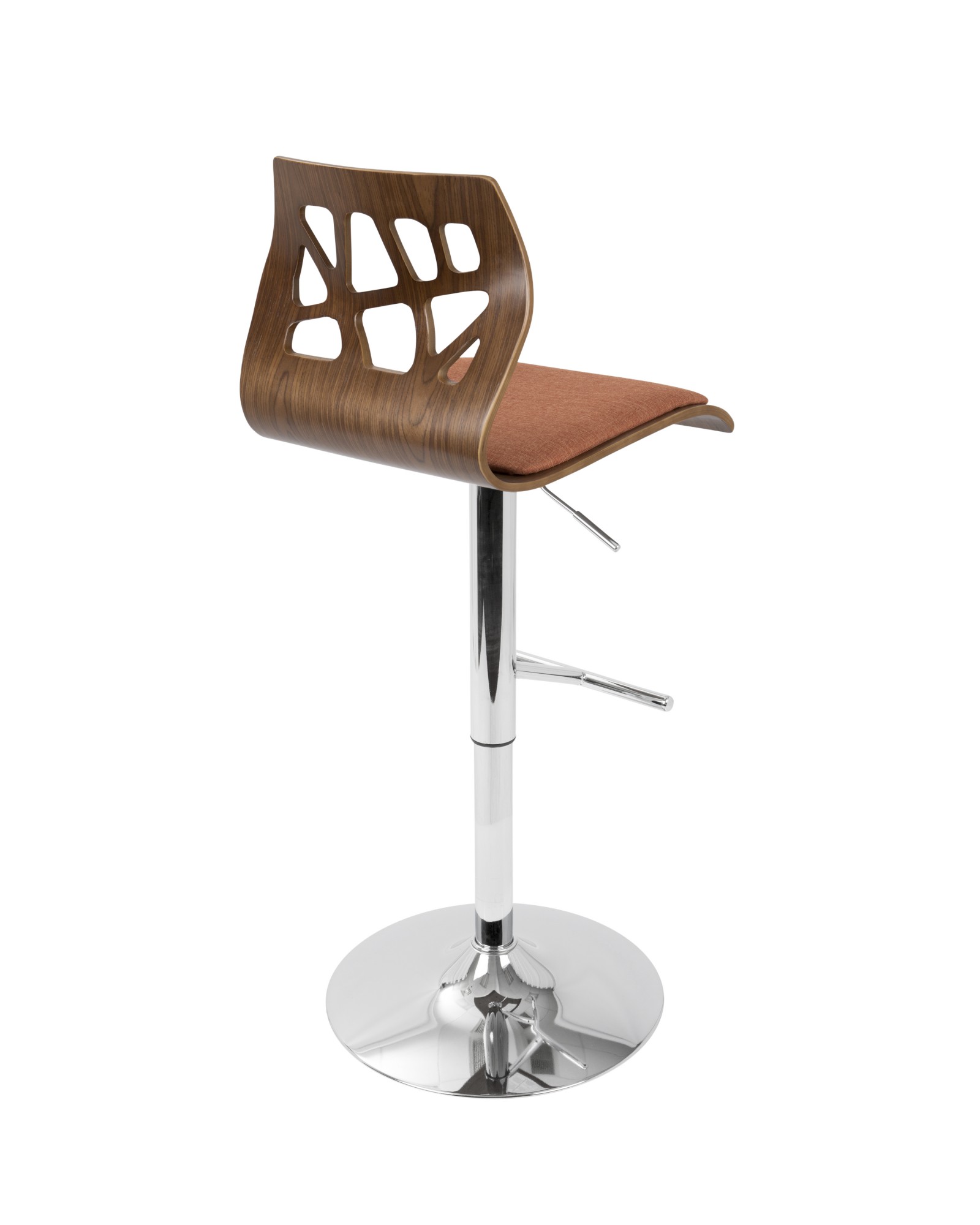 Folia Mid-Century Modern Adjustable Barstool with Swivel in Walnut And Orange Fabric