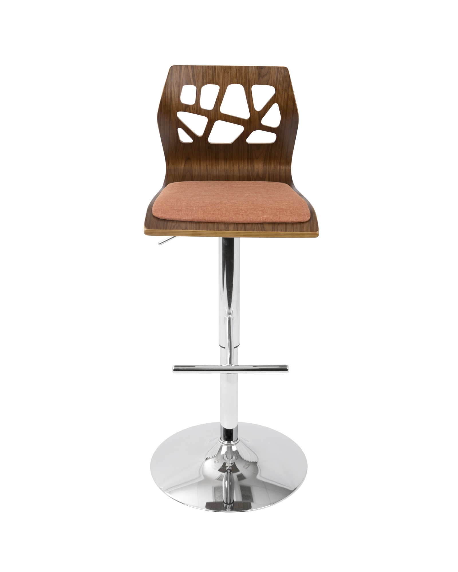 Folia Mid-Century Modern Adjustable Barstool with Swivel in Walnut And Orange Fabric