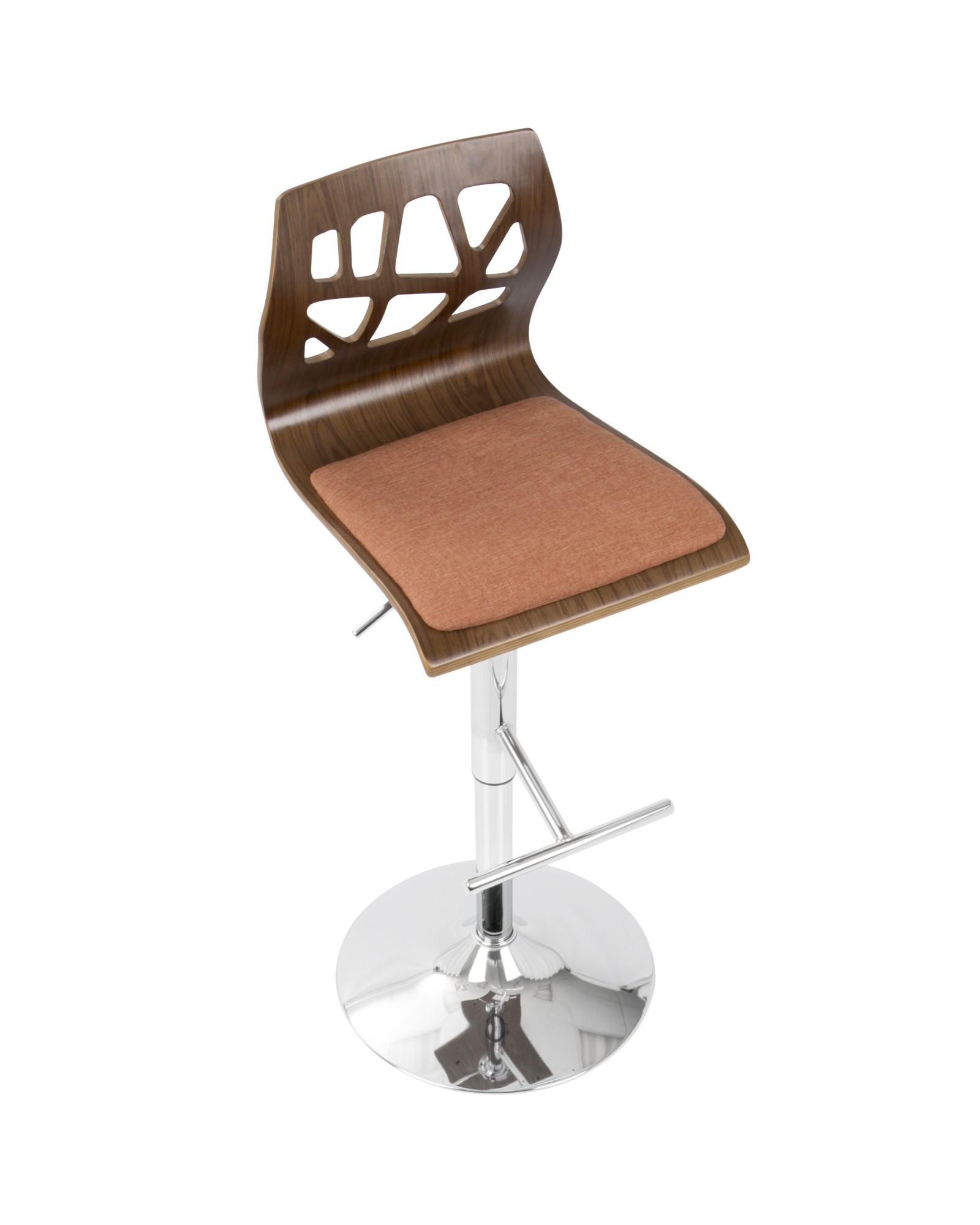 Folia Mid-Century Modern Adjustable Barstool with Swivel in Walnut And Orange Fabric