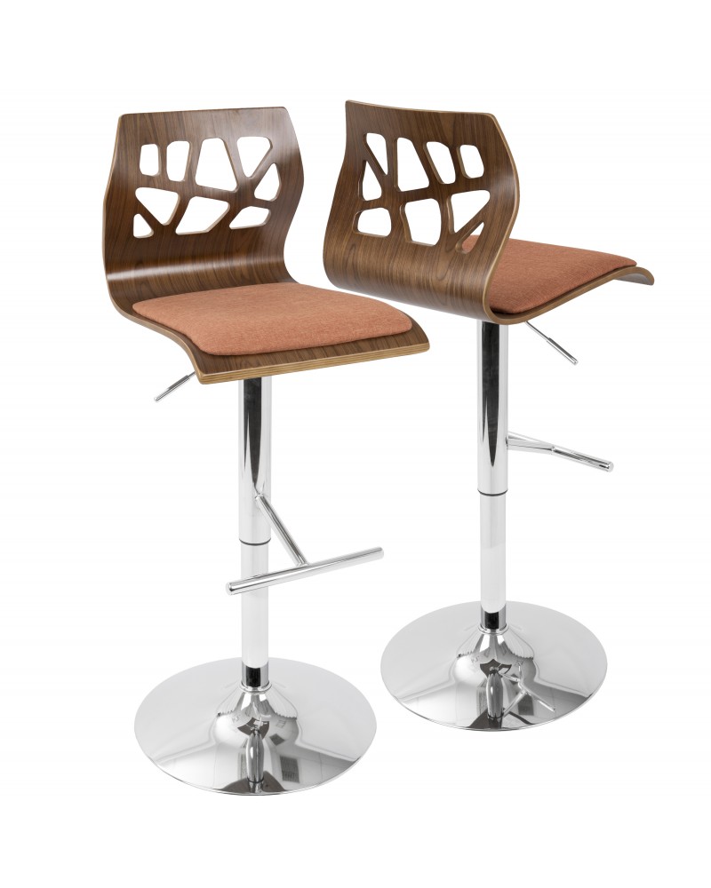 Folia Mid-Century Modern Adjustable Barstool with Swivel in Walnut And Orange Fabric