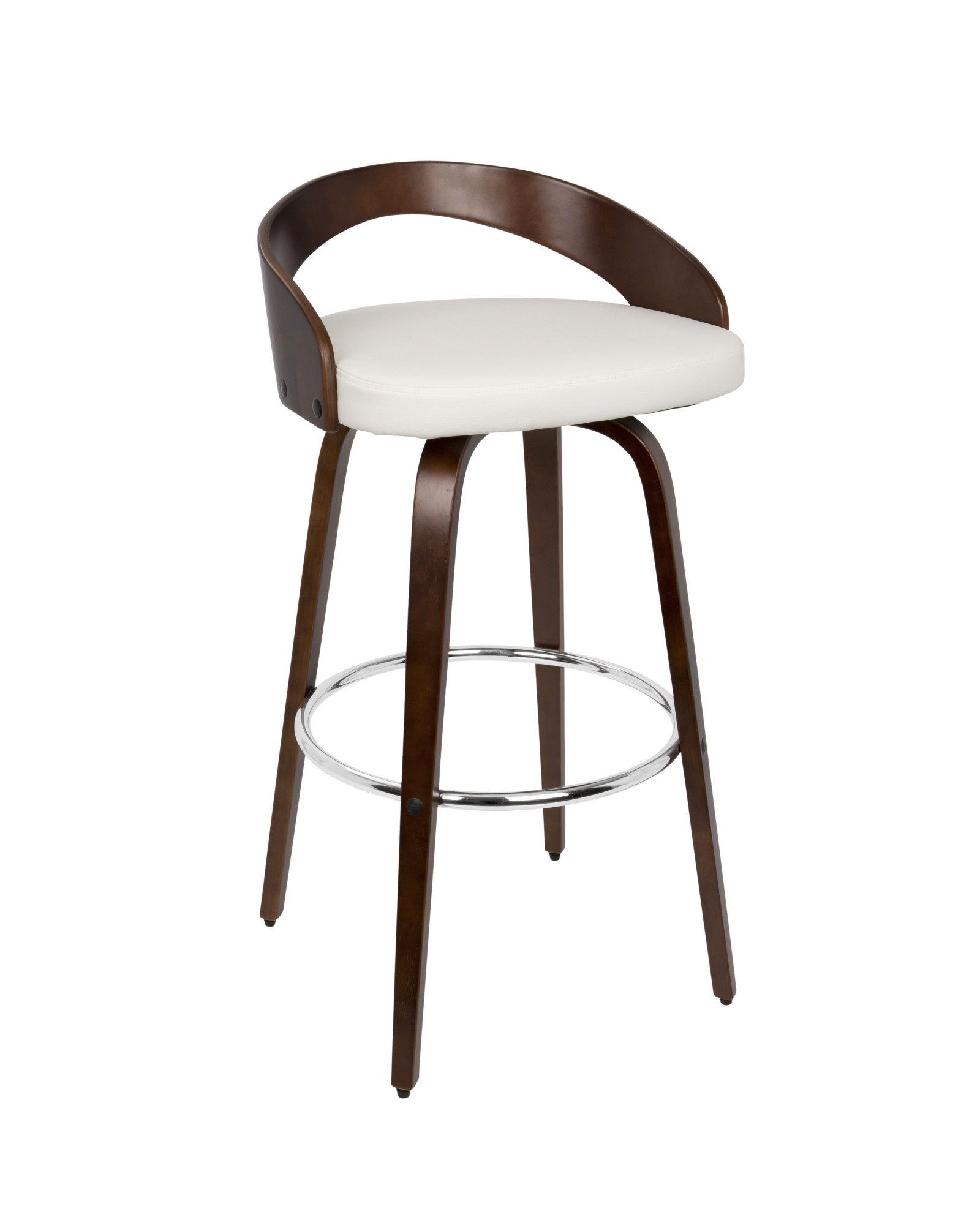 Grotto Mid-Century Modern Barstool with Swivel in Cherry with White Faux Leather