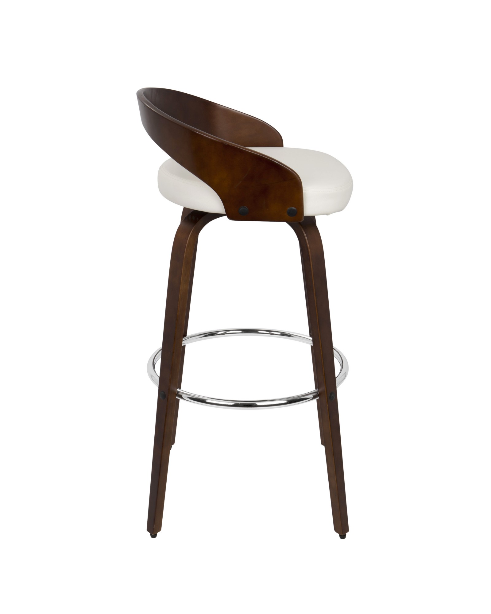 Grotto Mid-Century Modern Barstool with Swivel in Cherry with White Faux Leather