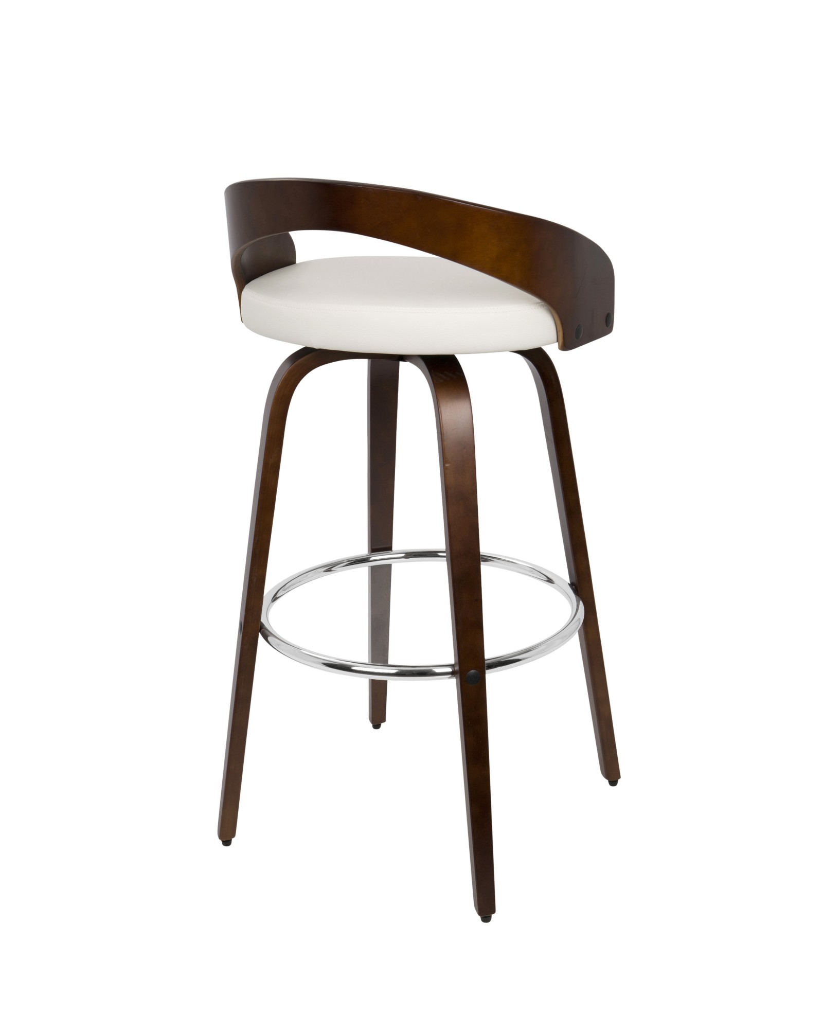 Grotto Mid-Century Modern Barstool with Swivel in Cherry with White Faux Leather