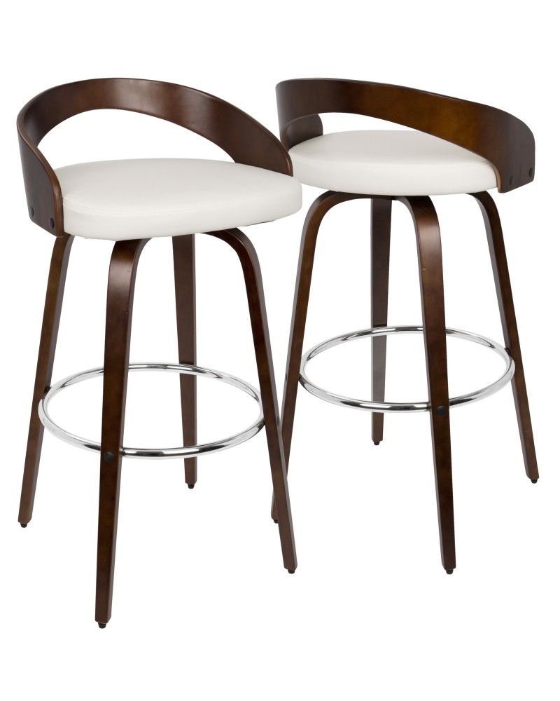 Grotto Mid-Century Modern Barstool with Swivel in Cherry with White Faux Leather