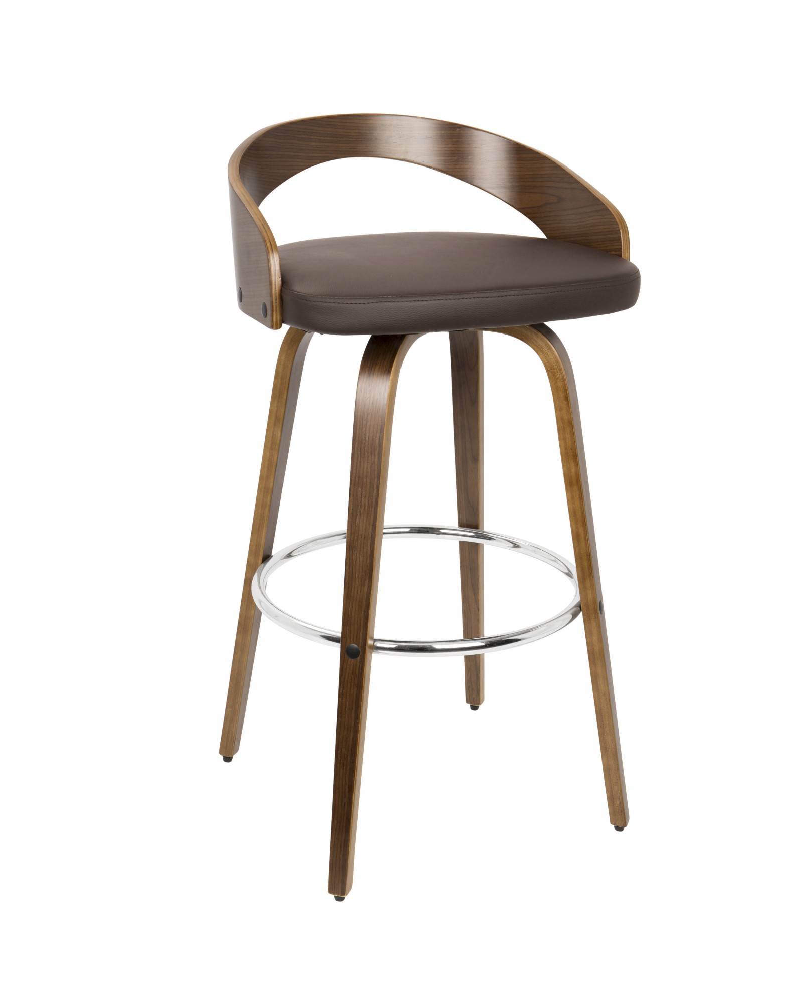 Grotto Mid-Century Modern Barstool with Swivel in Walnut with Brown Faux Leather