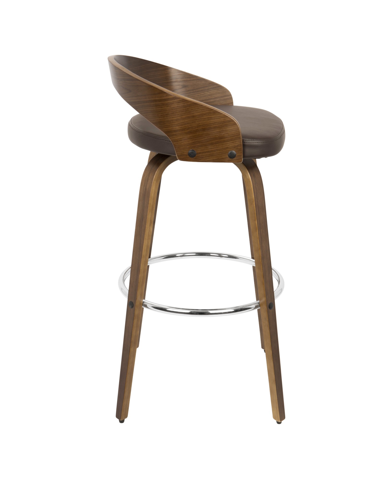 Grotto Mid-Century Modern Barstool with Swivel in Walnut with Brown Faux Leather