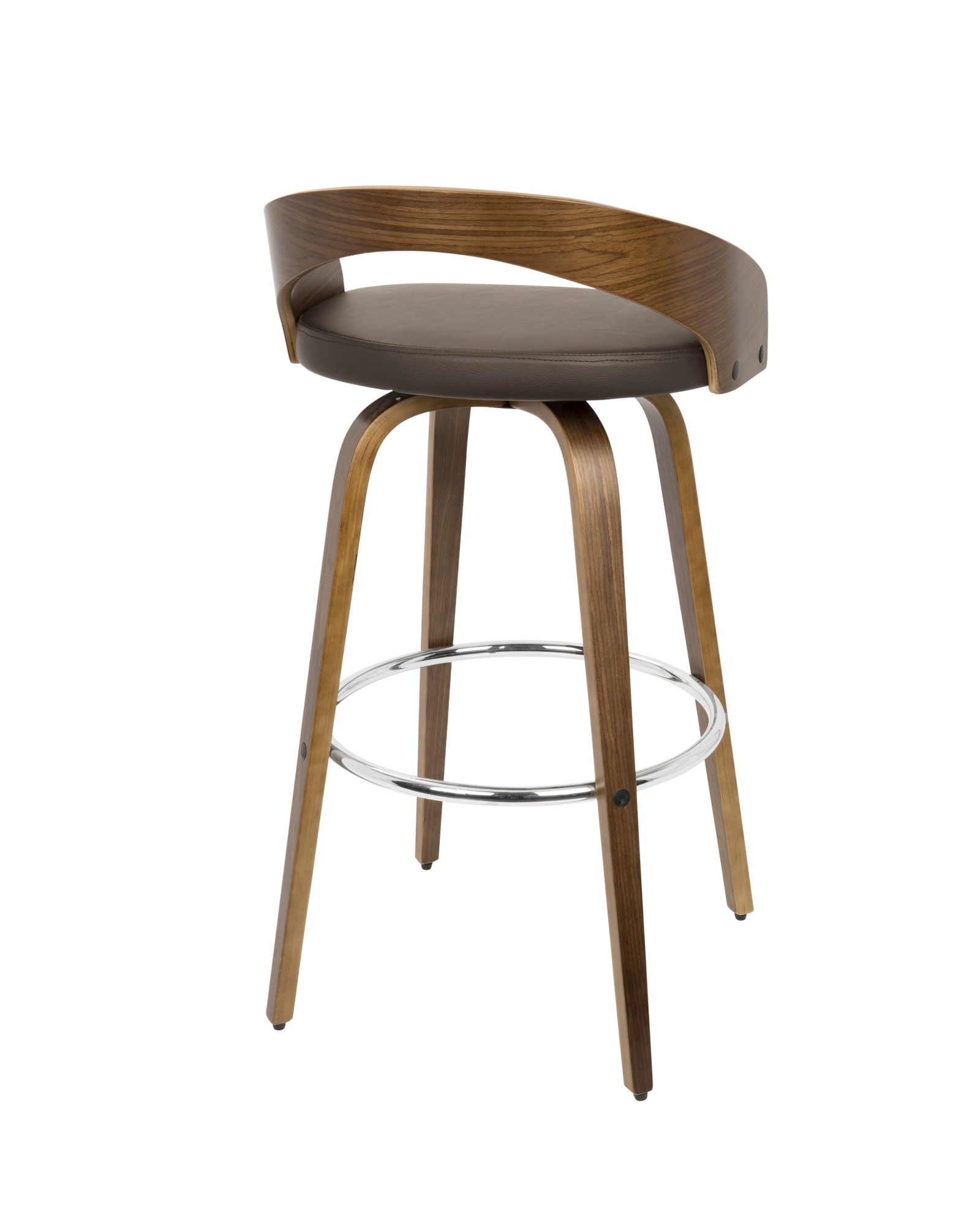 Grotto Mid-Century Modern Barstool with Swivel in Walnut with Brown Faux Leather