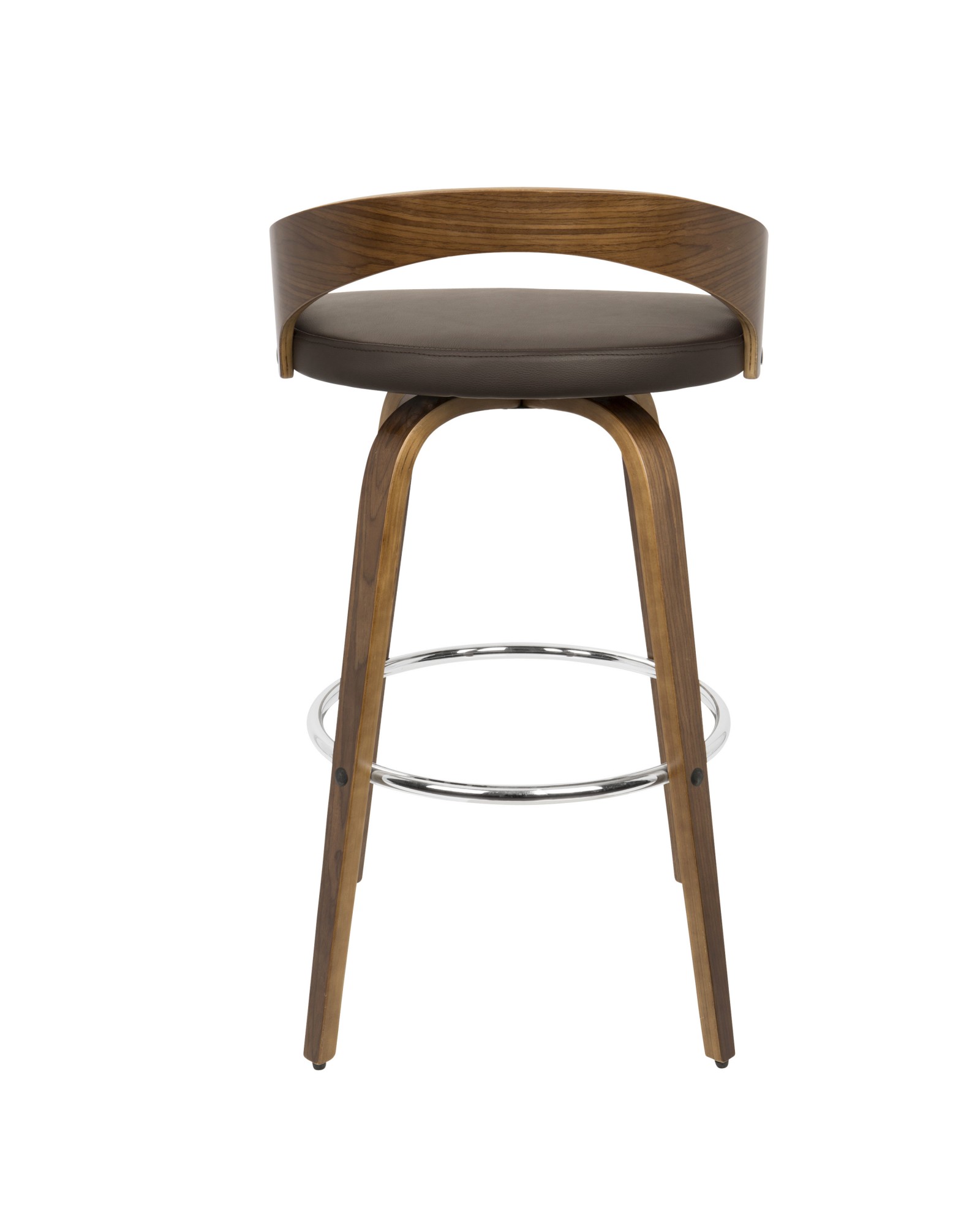 Grotto Mid-Century Modern Barstool with Swivel in Walnut with Brown Faux Leather