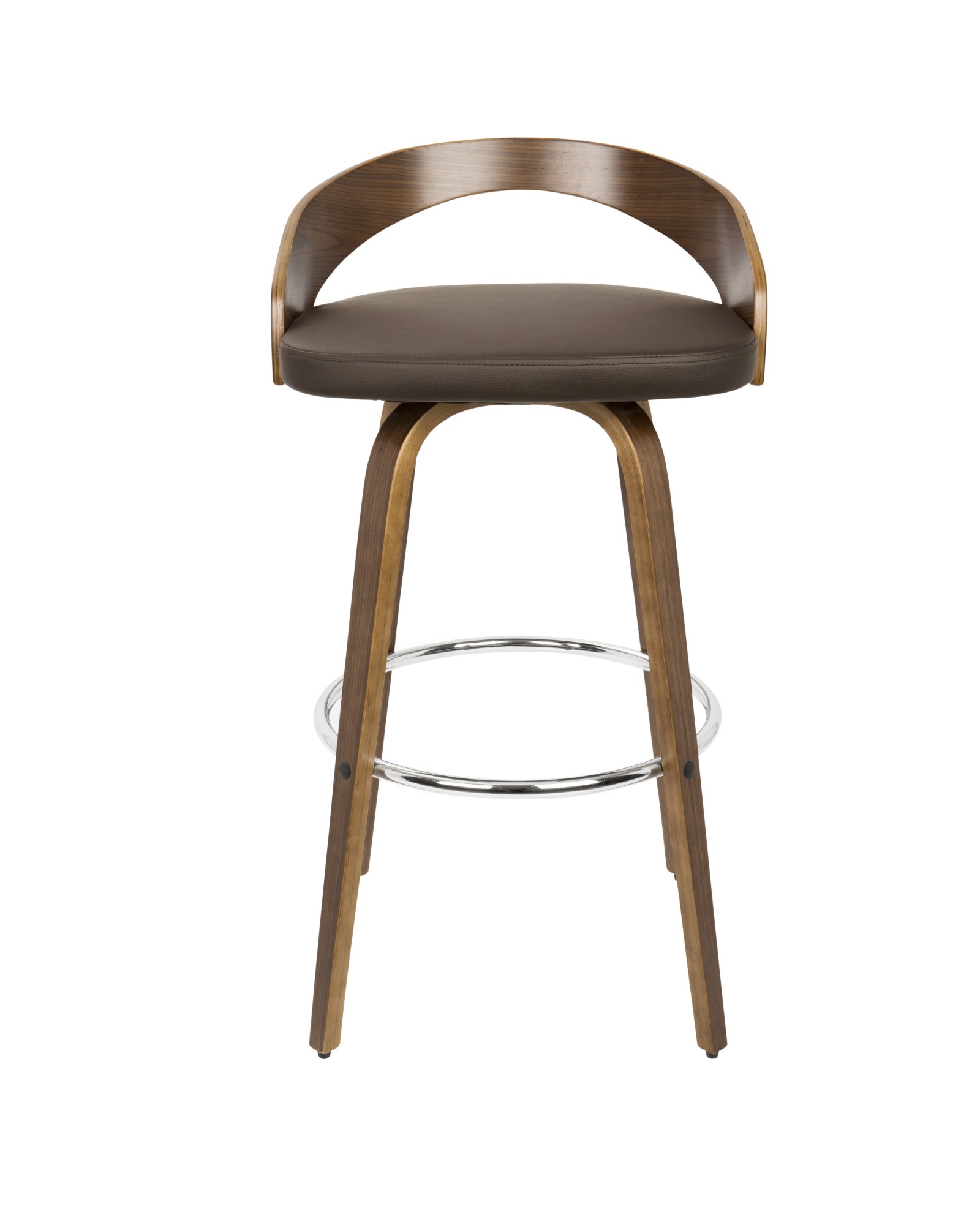 Grotto Mid-Century Modern Barstool with Swivel in Walnut with Brown Faux Leather