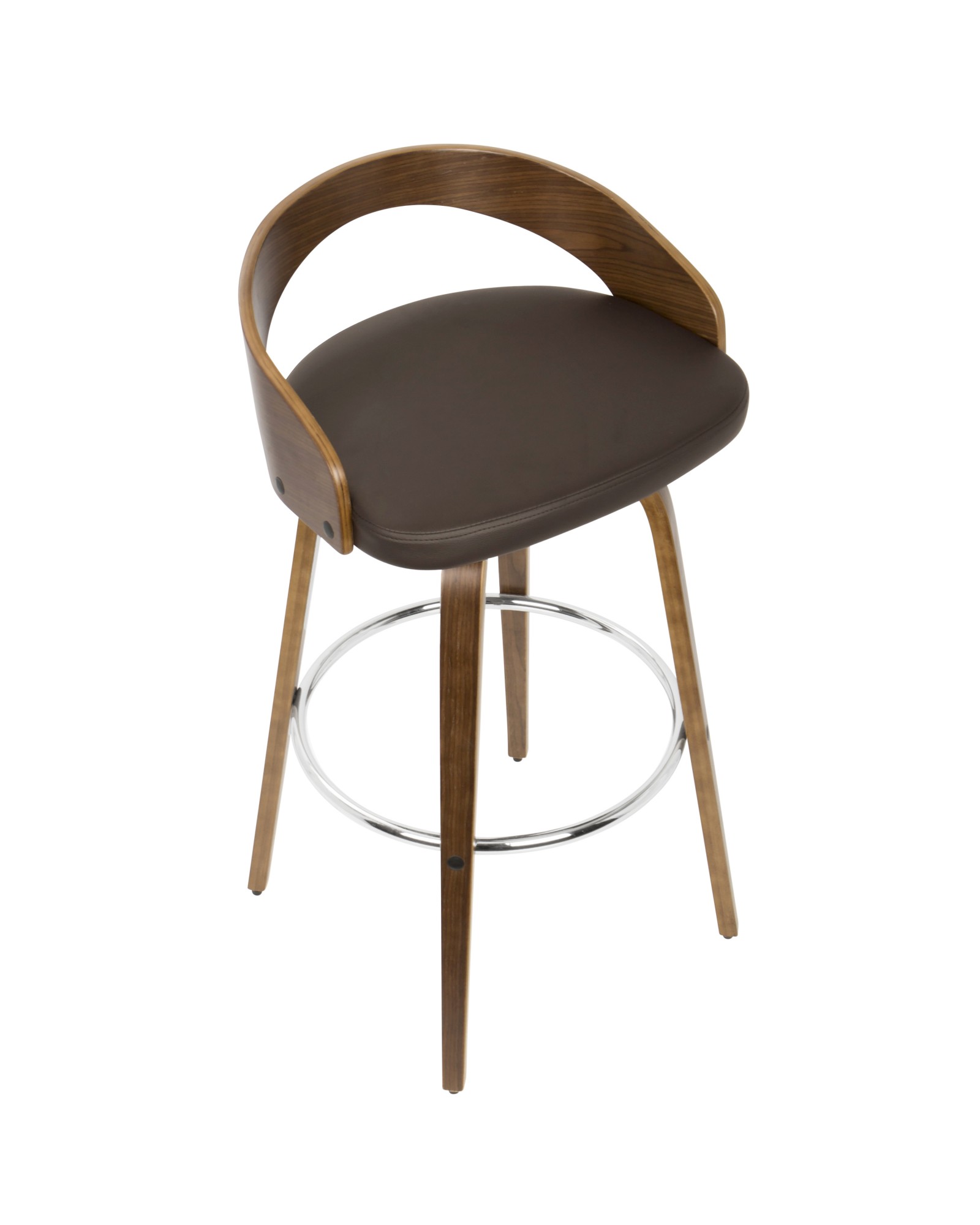 Grotto Mid-Century Modern Barstool with Swivel in Walnut with Brown Faux Leather