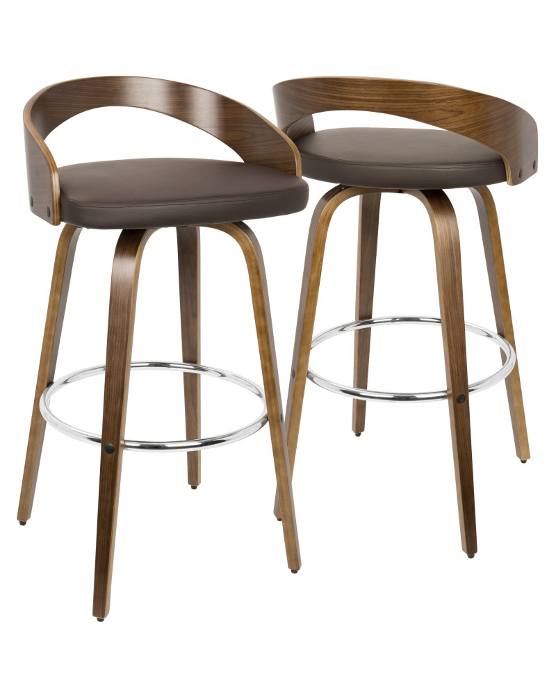 Grotto Mid-Century Modern Barstool with Swivel in Walnut with Brown Faux Leather