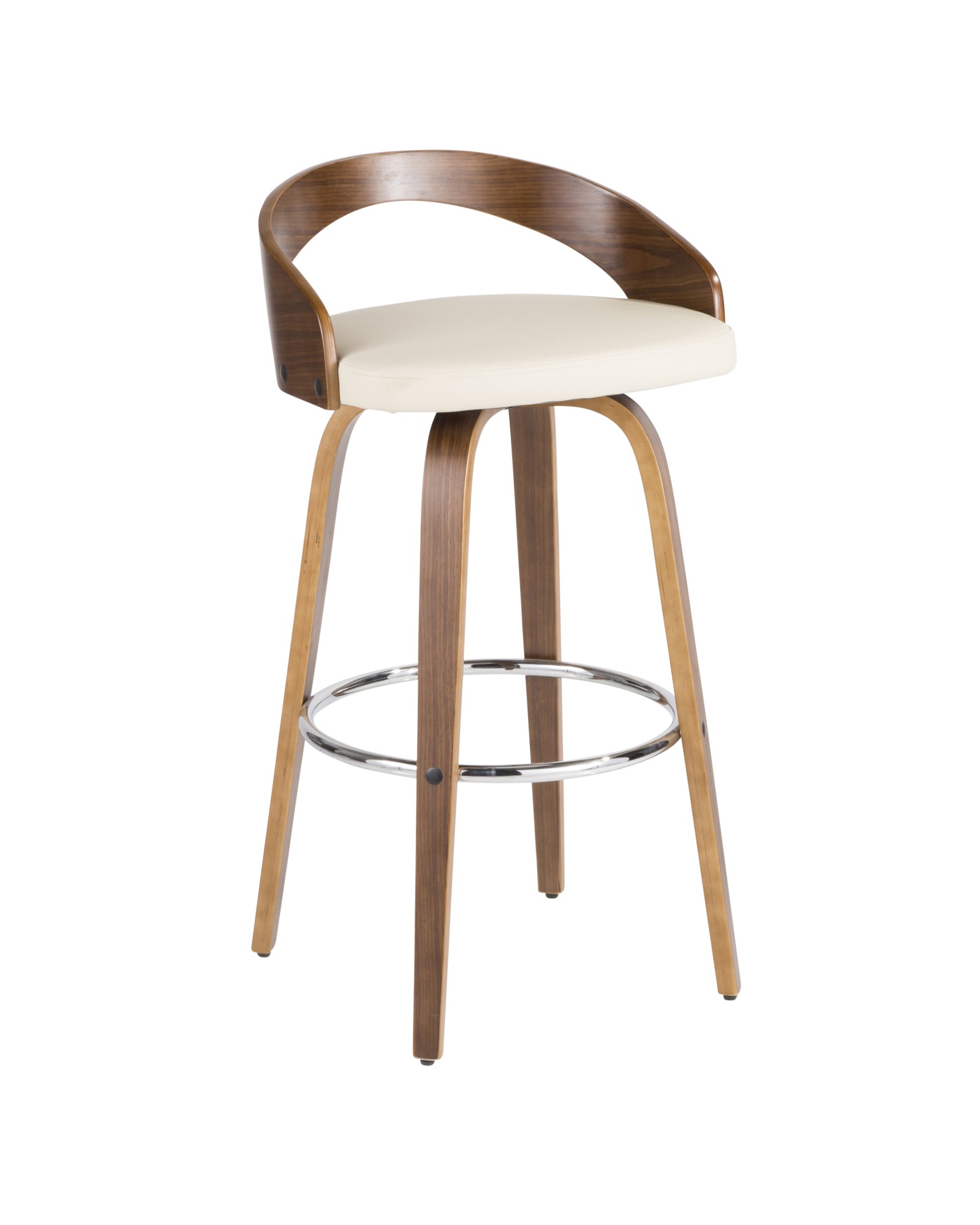 Grotto Mid-Century Modern Barstool in Walnut and Cream Faux Leather