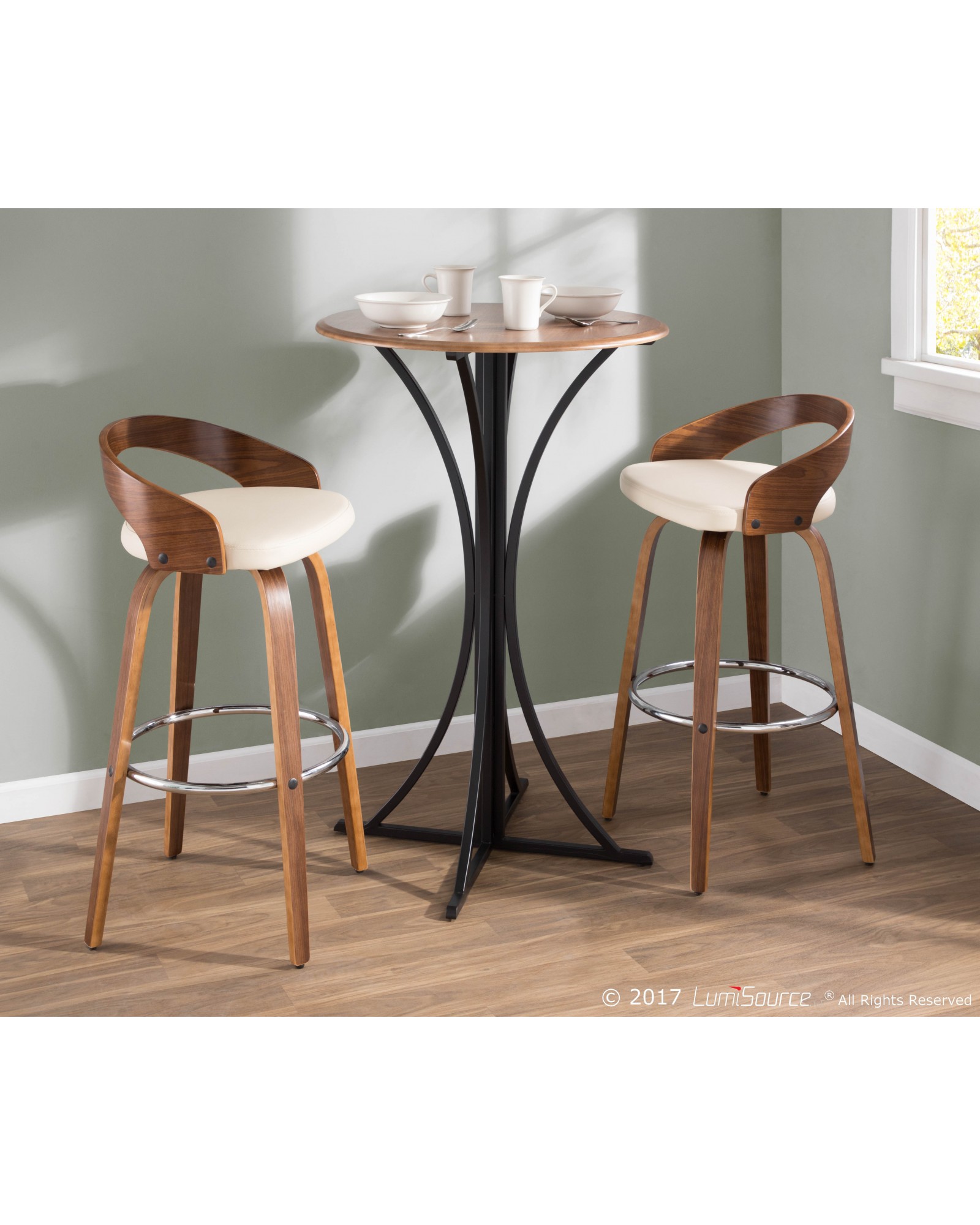 Grotto Mid-Century Modern Barstool in Walnut and Cream Faux Leather