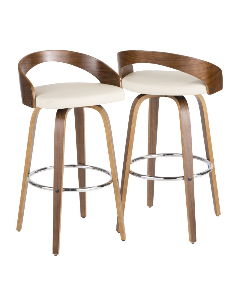 Grotto Mid-Century Modern Barstool in Walnut and Cream Faux Leather