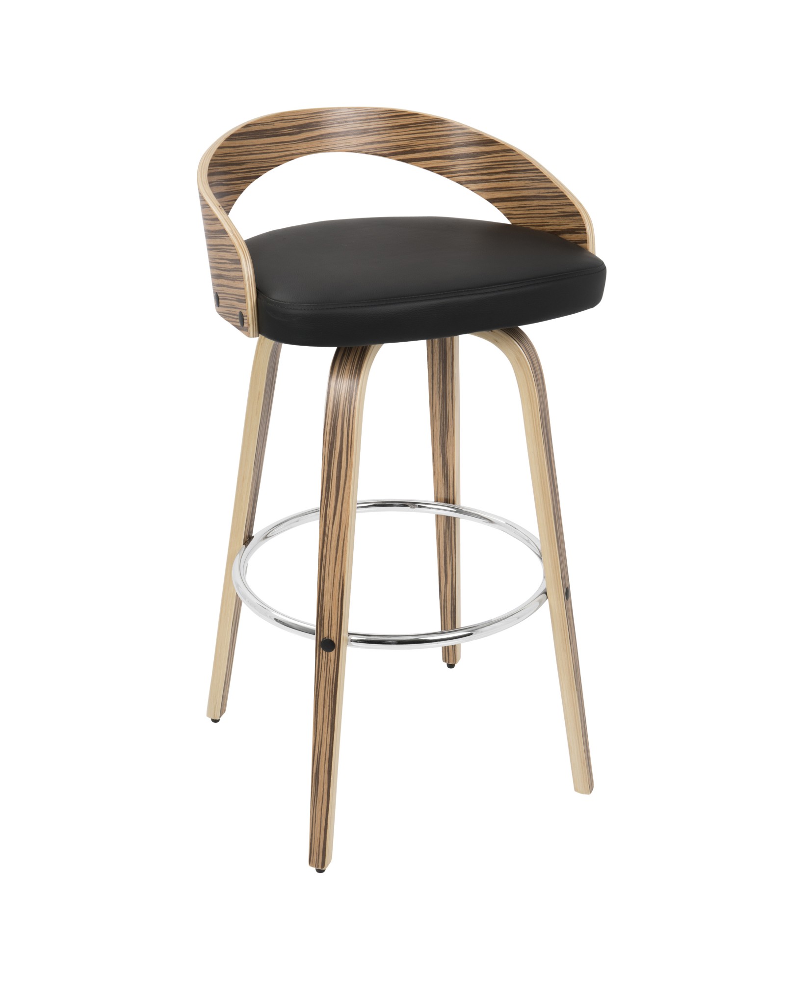 Grotto Mid-Century Modern Barstool with Swivel in Zebra Wood with Black Faux Leather