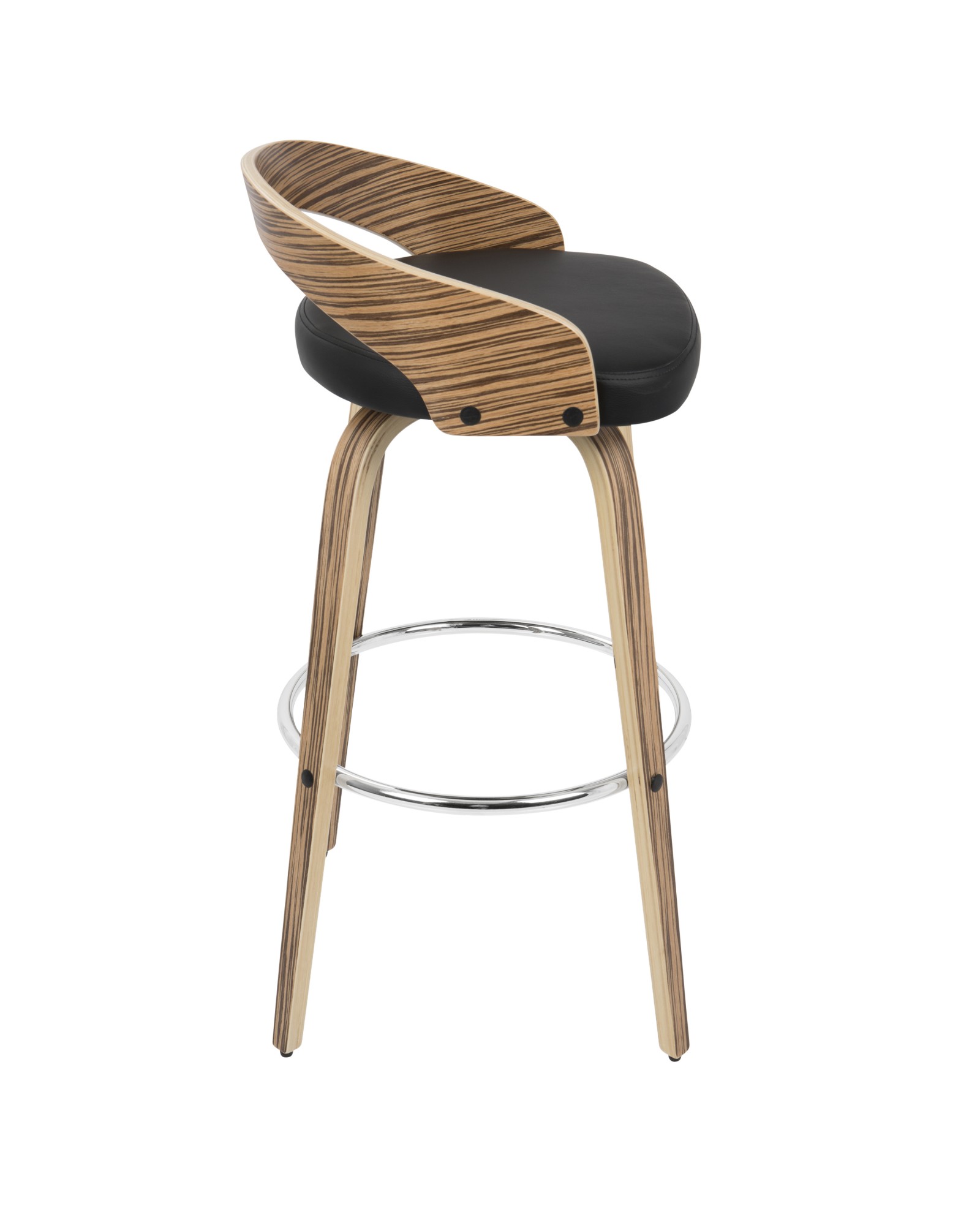 Grotto Mid-Century Modern Barstool with Swivel in Zebra Wood with Black Faux Leather