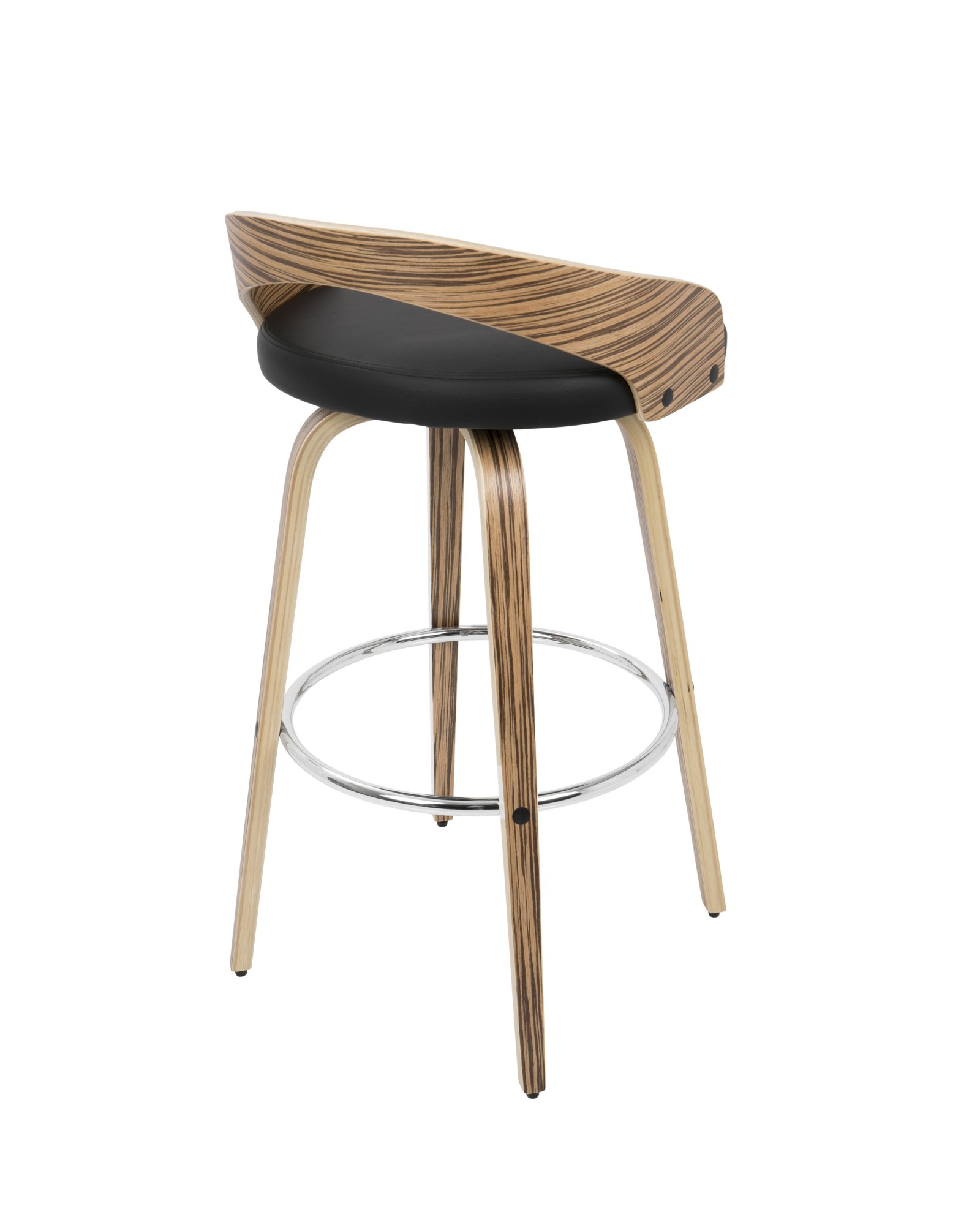 Grotto Mid-Century Modern Barstool with Swivel in Zebra Wood with Black Faux Leather