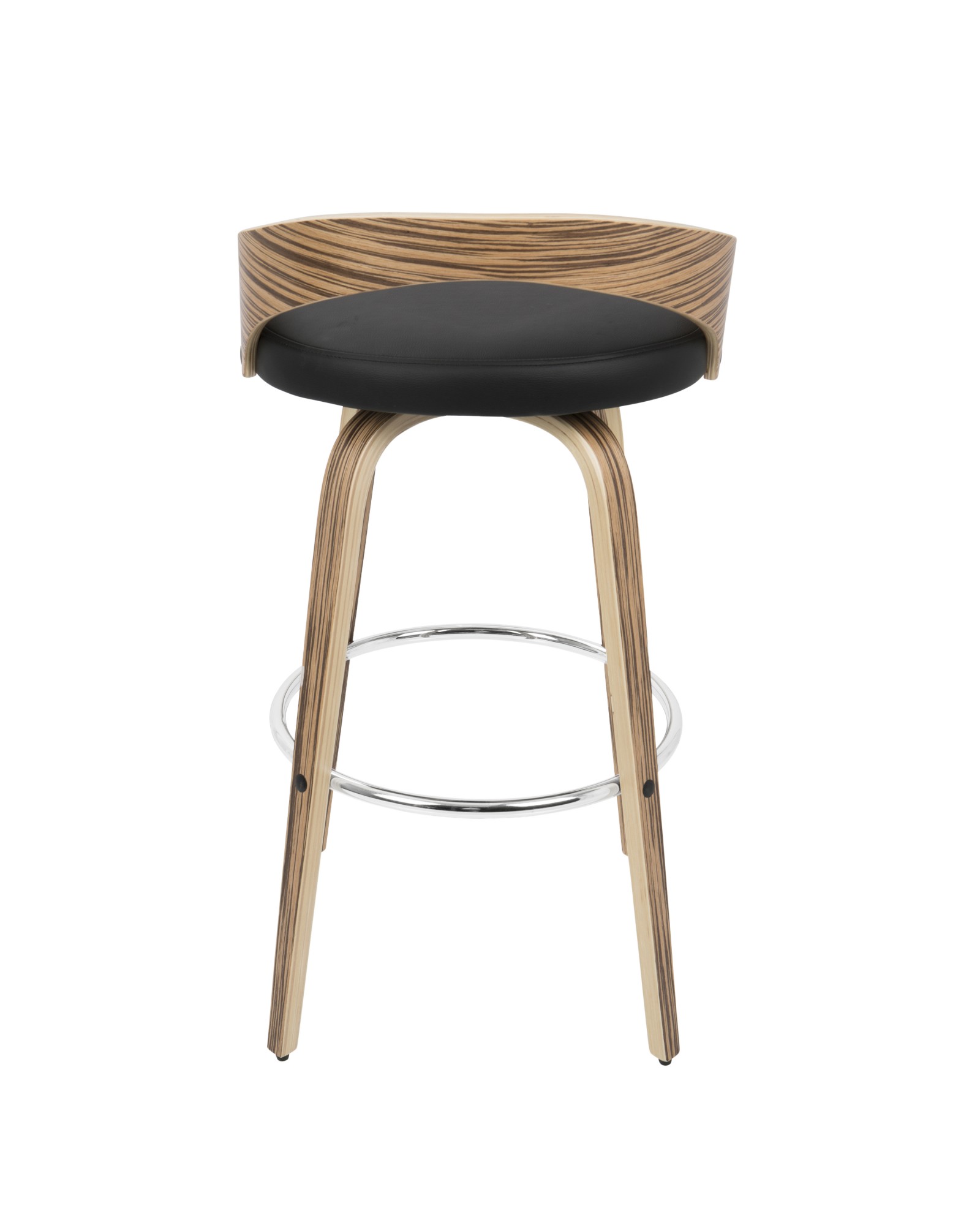 Grotto Mid-Century Modern Barstool with Swivel in Zebra Wood with Black Faux Leather