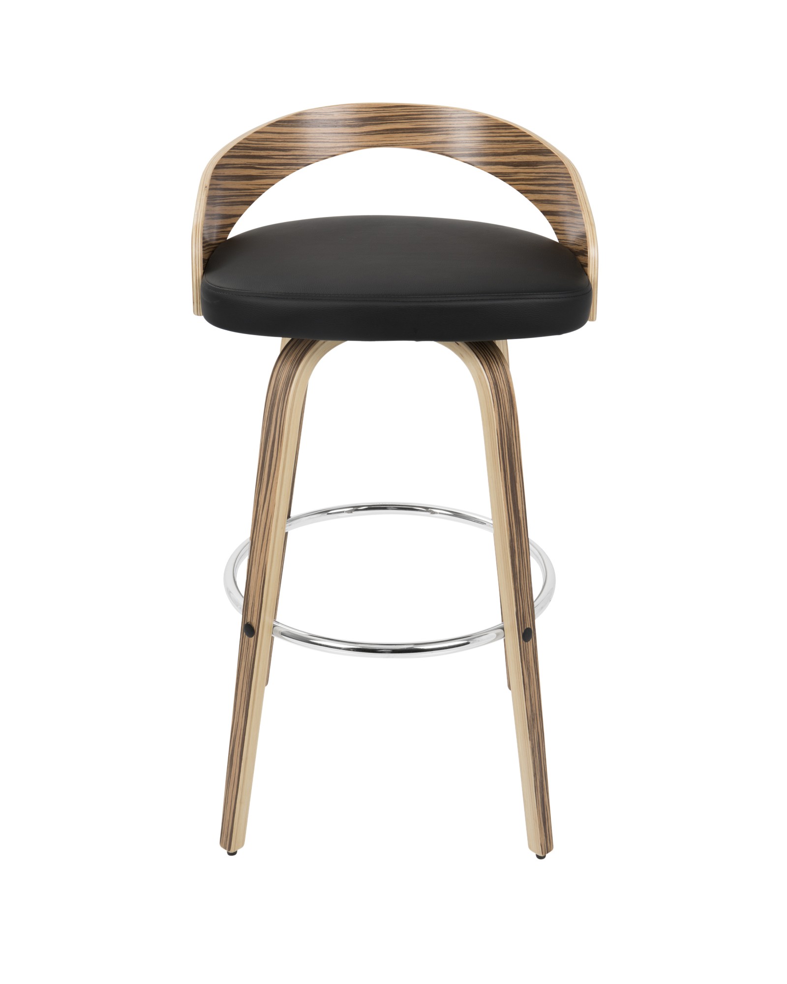 Grotto Mid-Century Modern Barstool with Swivel in Zebra Wood with Black Faux Leather