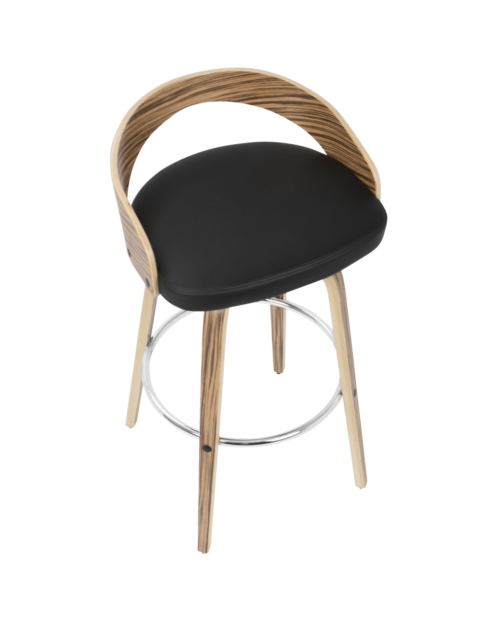 Grotto Mid-Century Modern Barstool with Swivel in Zebra Wood with Black Faux Leather