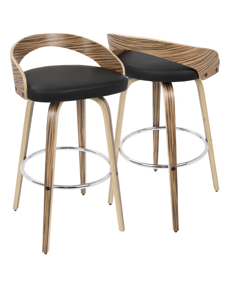 Grotto Mid-Century Modern Barstool with Swivel in Zebra Wood with Black Faux Leather