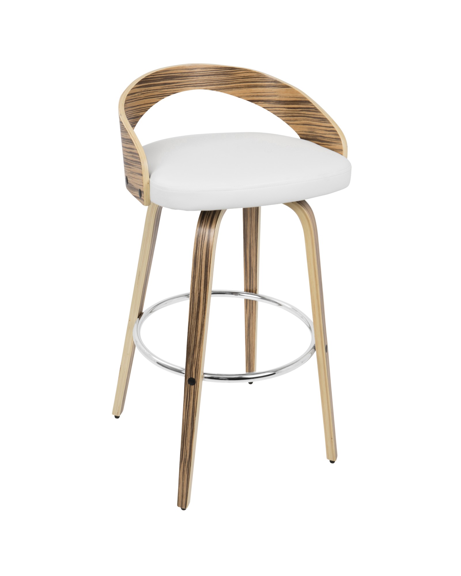 Grotto Mid-Century Modern Barstool with Swivel in Zebra Wood with White Faux Leather