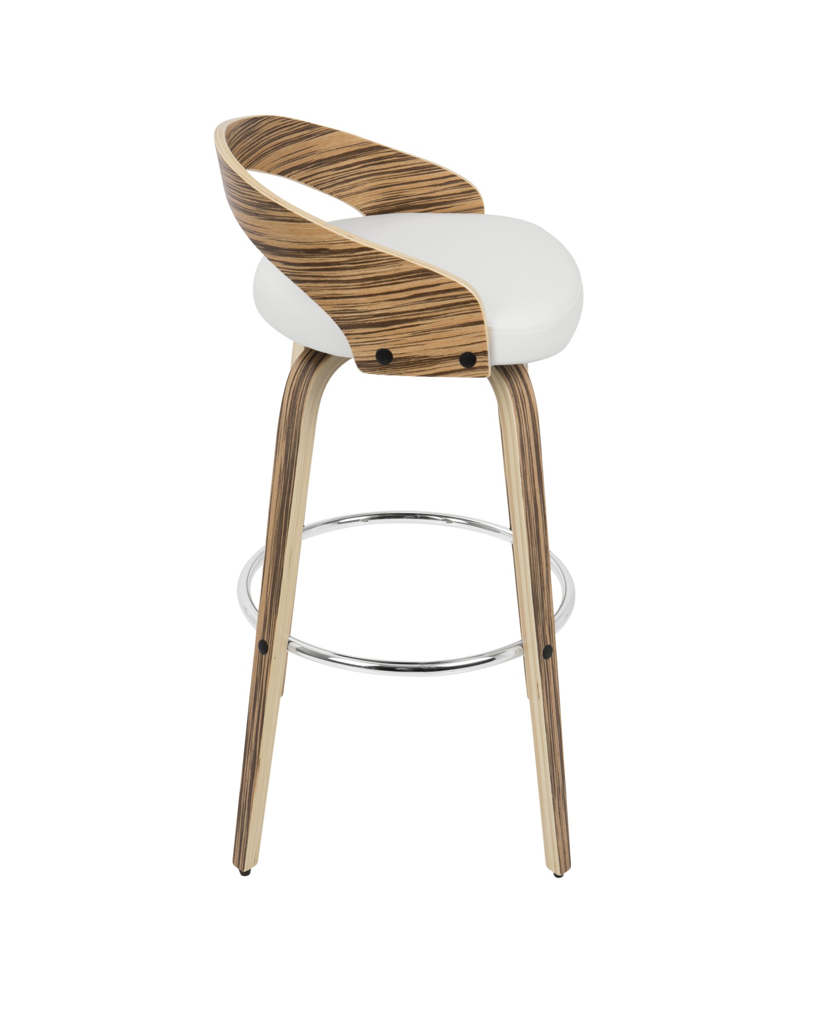 Grotto Mid-Century Modern Barstool with Swivel in Zebra Wood with White Faux Leather