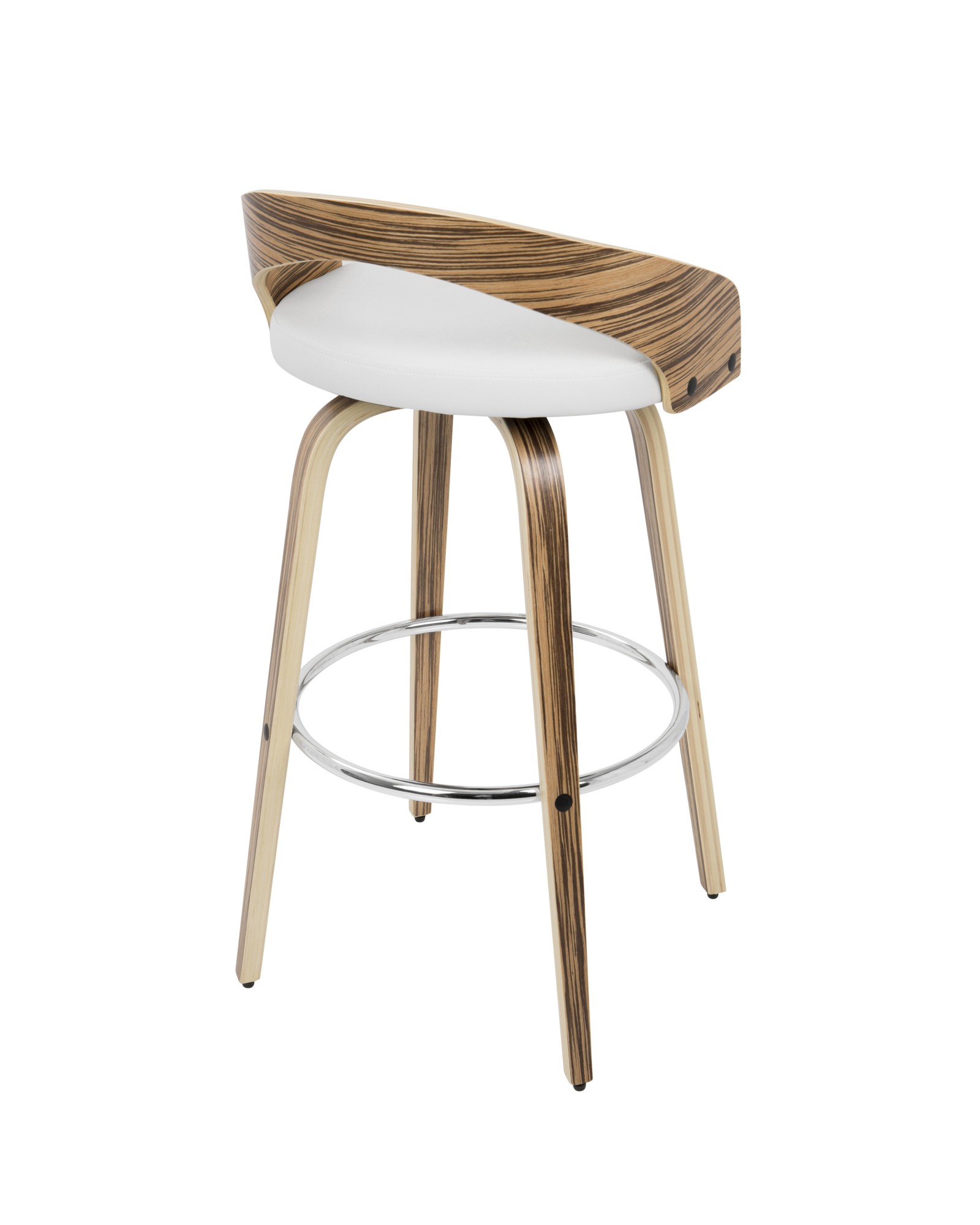 Grotto Mid-Century Modern Barstool with Swivel in Zebra Wood with White Faux Leather