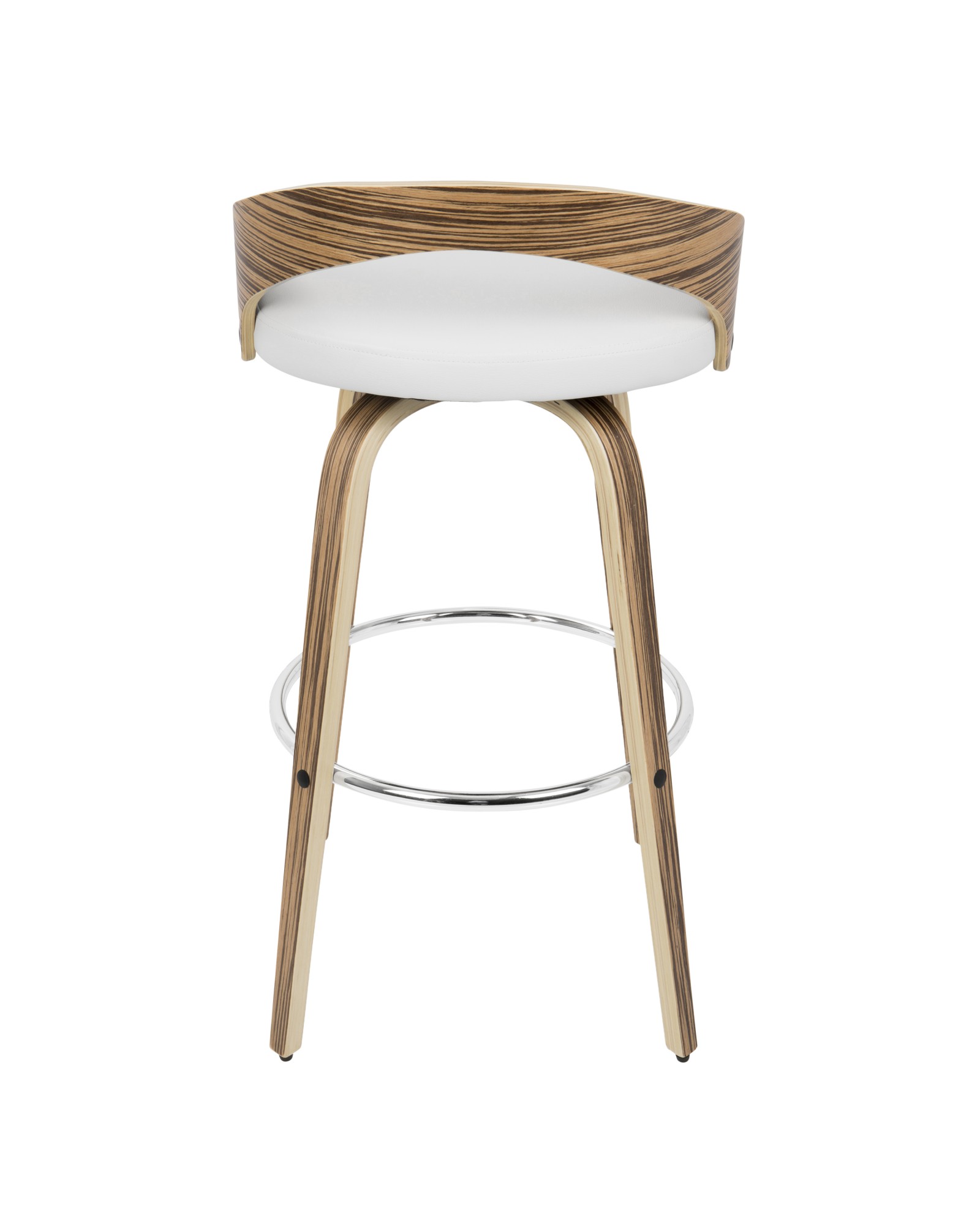 Grotto Mid-Century Modern Barstool with Swivel in Zebra Wood with White Faux Leather