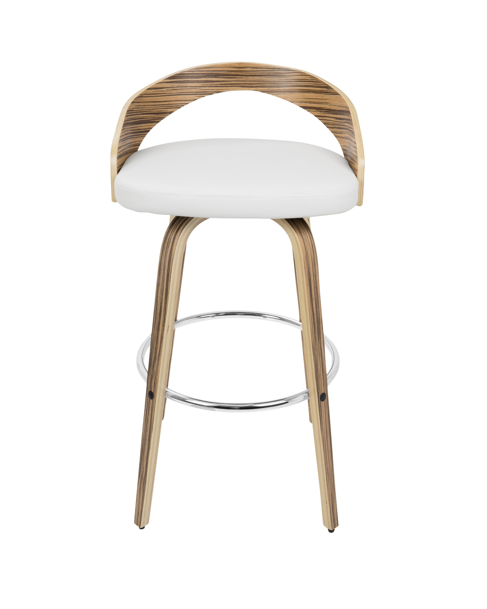 Grotto Mid-Century Modern Barstool with Swivel in Zebra Wood with White Faux Leather