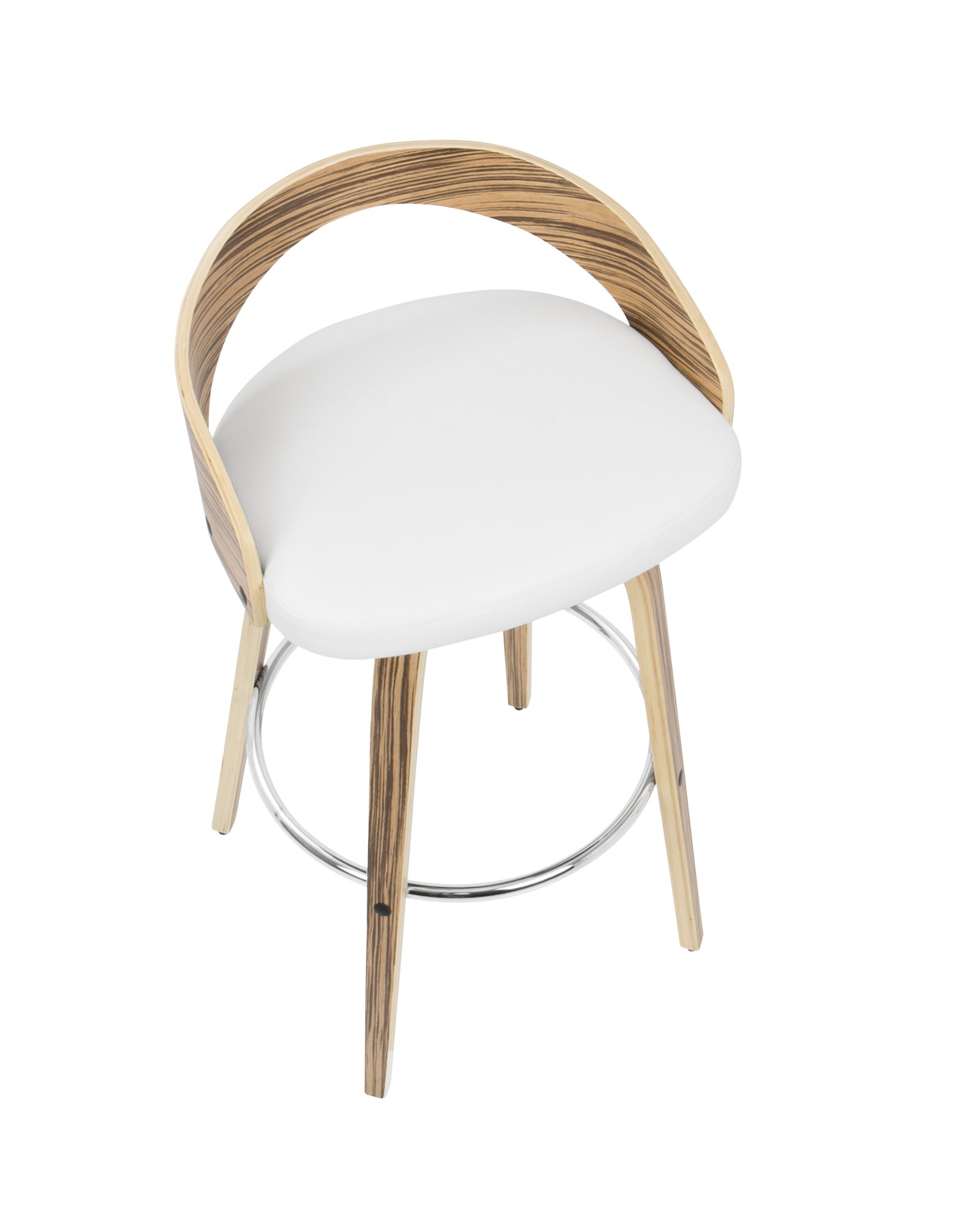 Grotto Mid-Century Modern Barstool with Swivel in Zebra Wood with White Faux Leather