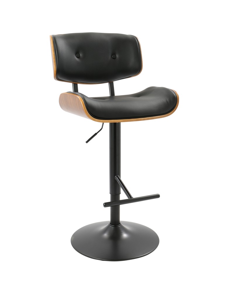 Lombardi Mid-Century Modern Adjustable Barstool in Walnut with Black Faux Leather