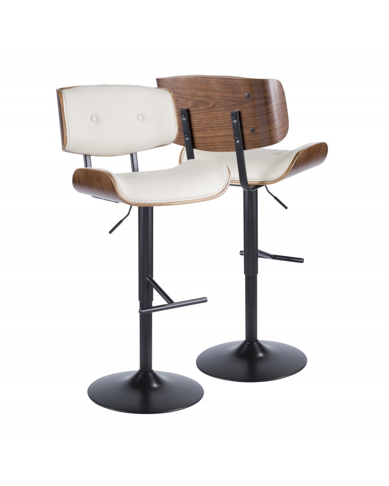 Lombardi Mid-Century Modern Adjustable Barstool in Walnut with Cream Faux Leather