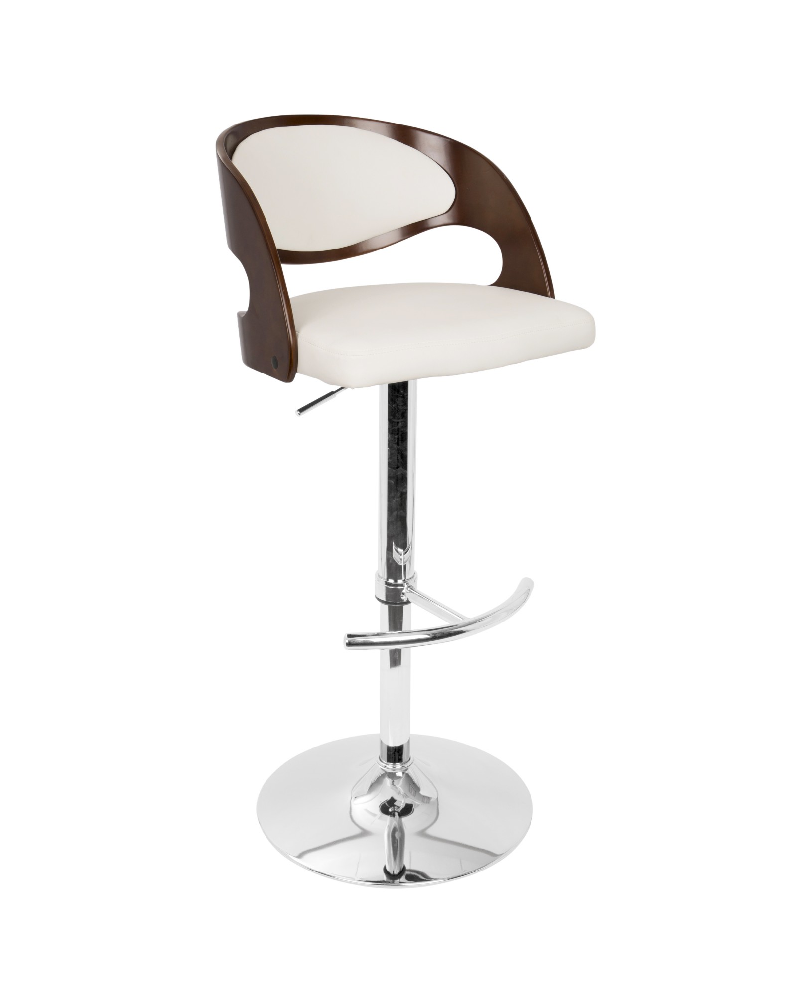 Pino Mid-Century Modern Adjustable Barstool with Swivel in Cherry and White Faux Leather