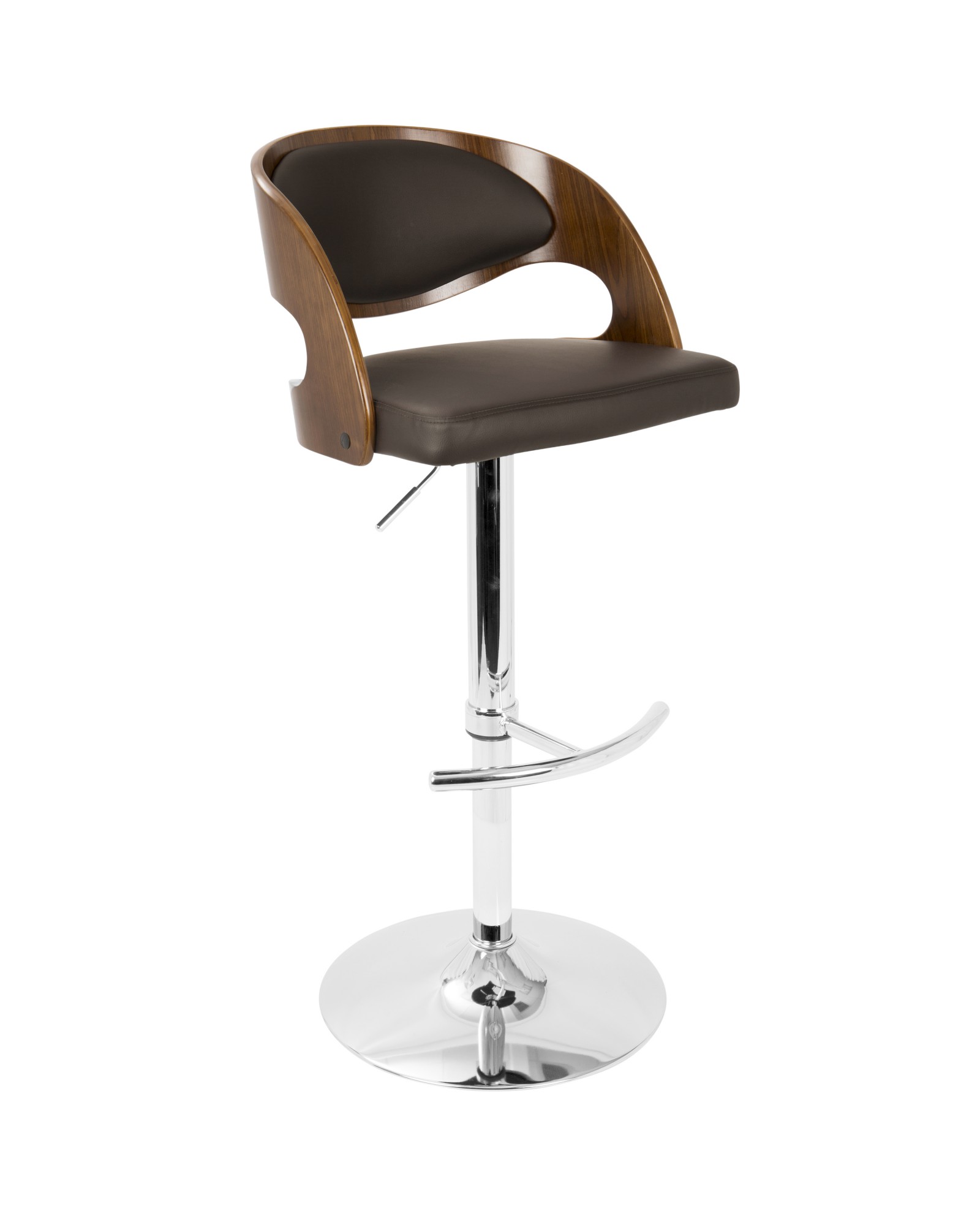 Pino Mid-Century Modern Adjustable Barstool with Swivel in Walnut and Brown Faux Leather