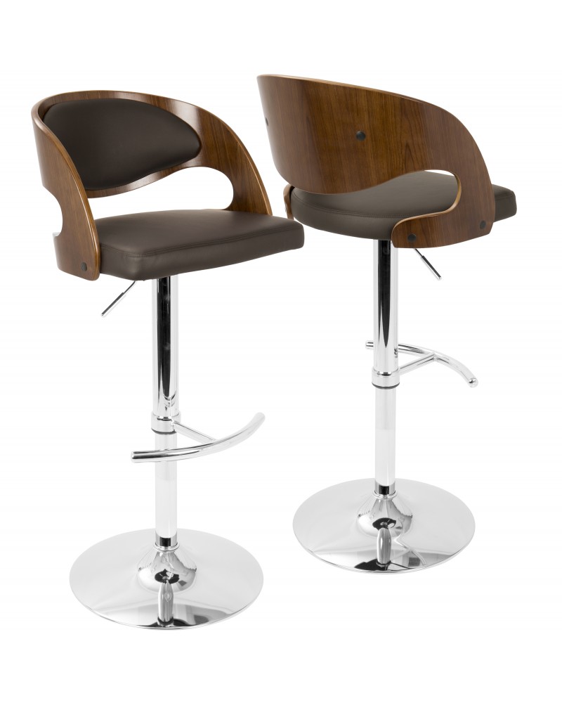 Pino Mid-Century Modern Adjustable Barstool with Swivel in Walnut and Brown Faux Leather