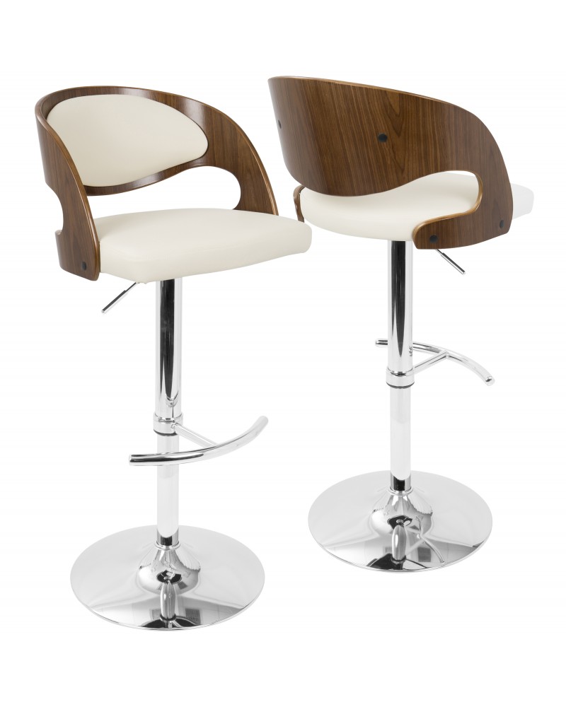 Pino Mid-Century Modern Adjustable Barstool with Swivel in Walnut and Cream Faux Leather