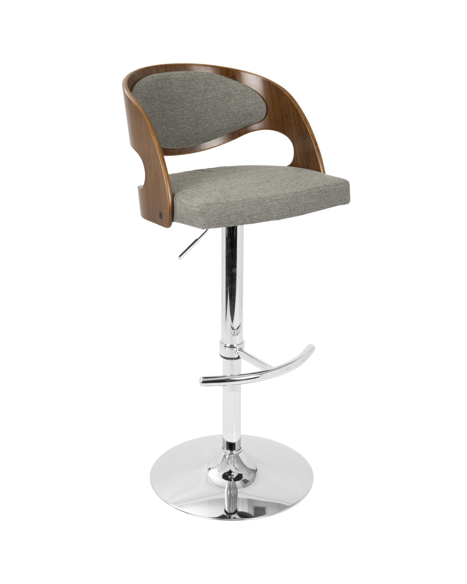 Pino Mid-Century Modern Adjustable Barstool with Swivel in Walnut and Grey Fabric