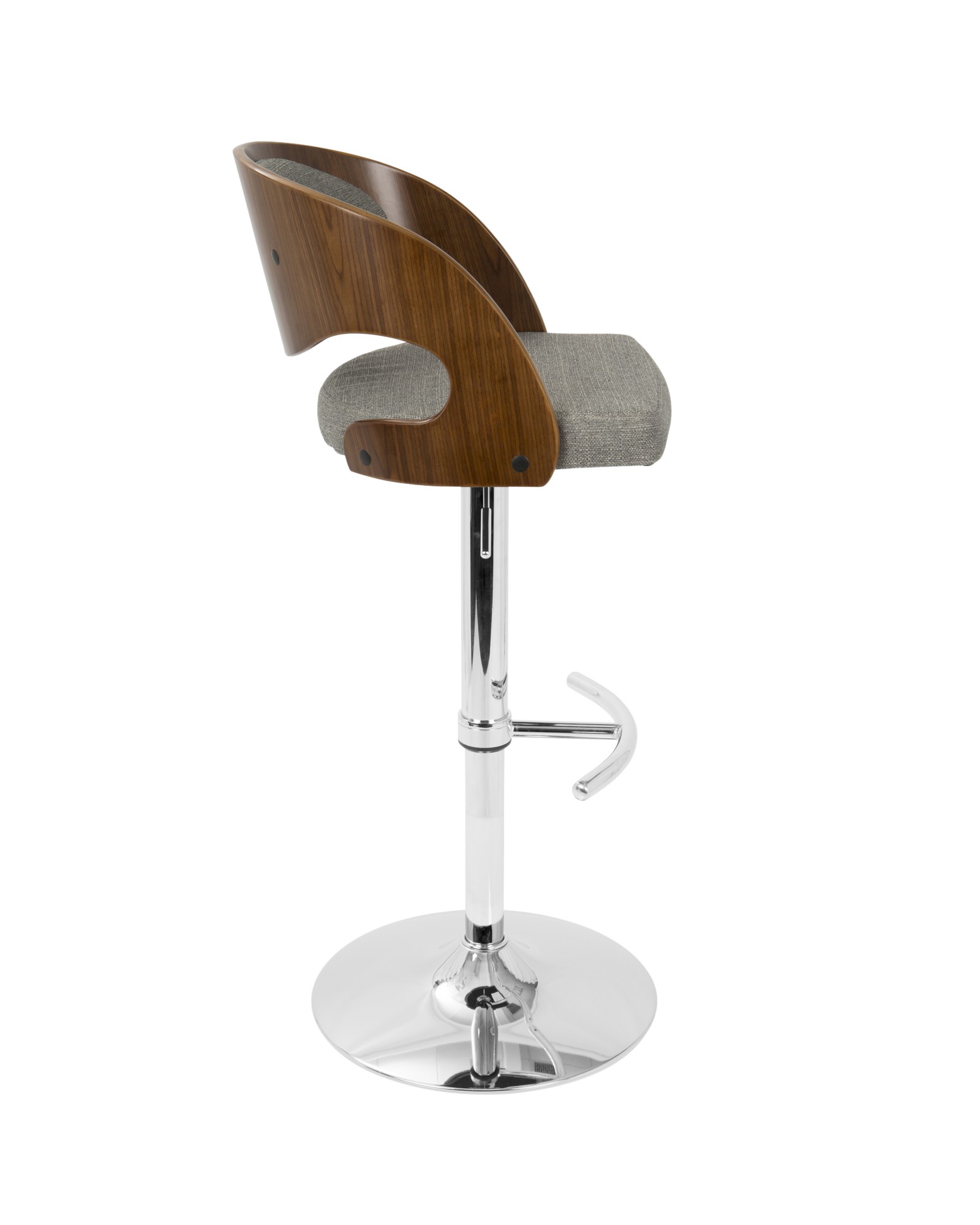 Pino Mid-Century Modern Adjustable Barstool with Swivel in Walnut and Grey Fabric